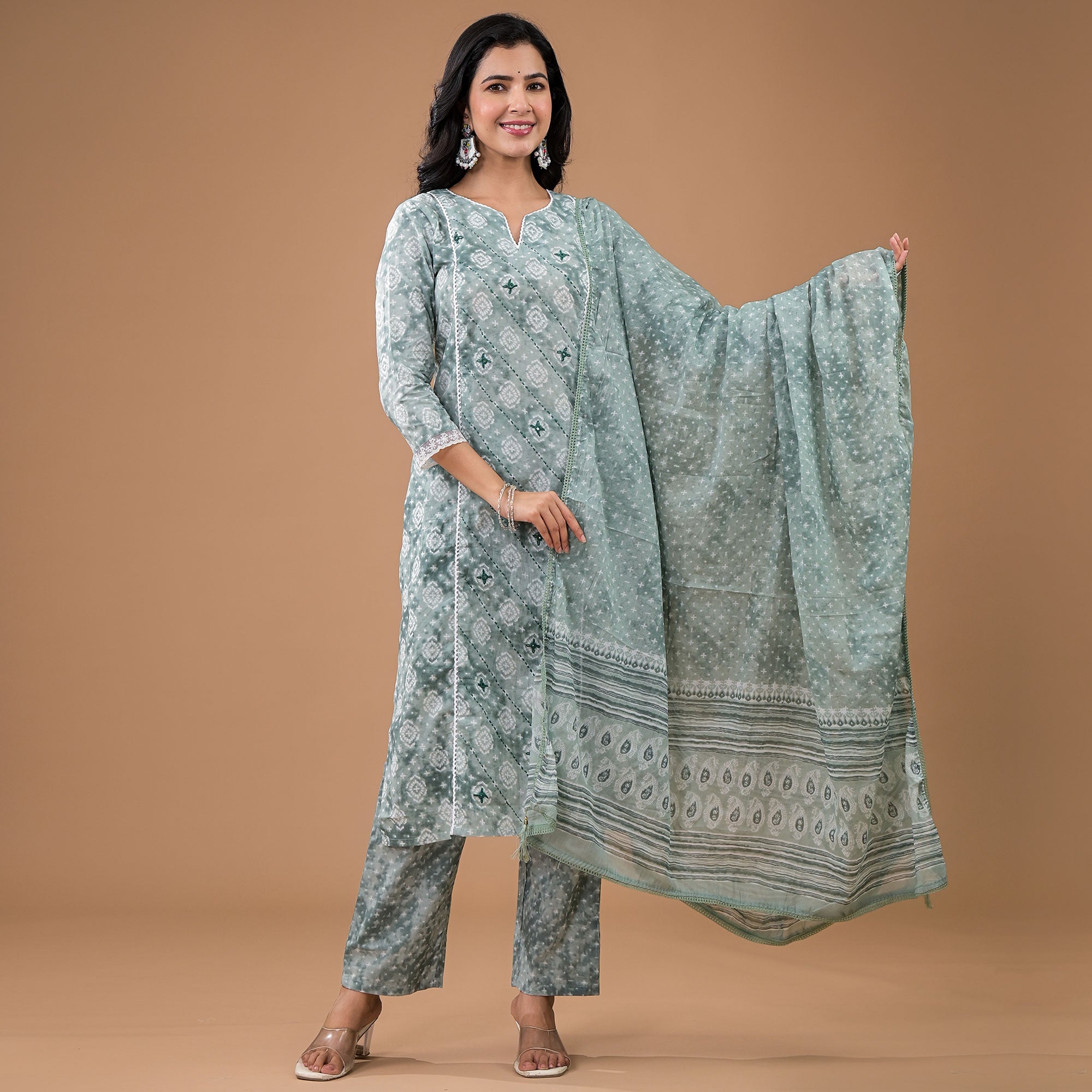 Peachmode Mint Green Printed Pure Cotton Straight Salwar Suit