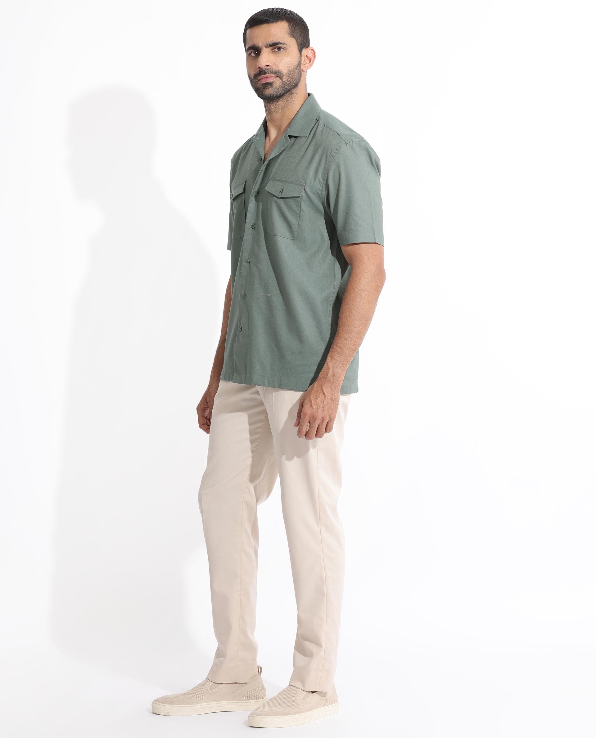 Rare Rabbit Men's Salford Dusky Green Cuban Collar Half Sleeves Two Flap Pocket Solid Shirt - view 2