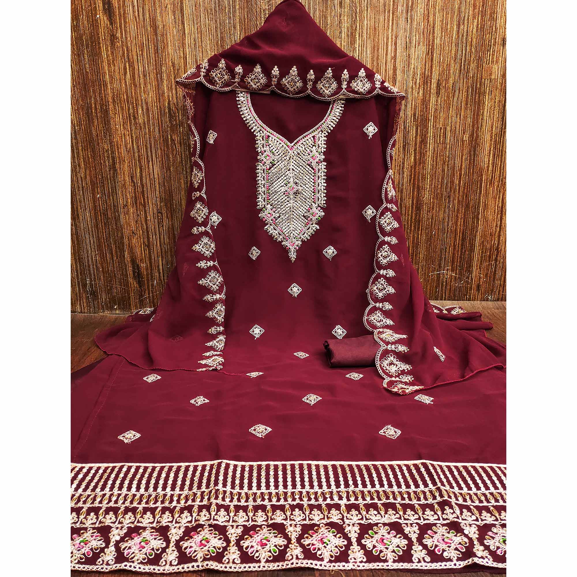 Peachmode Maroon Sequins Embroidered Georgette Dress Material - view 3