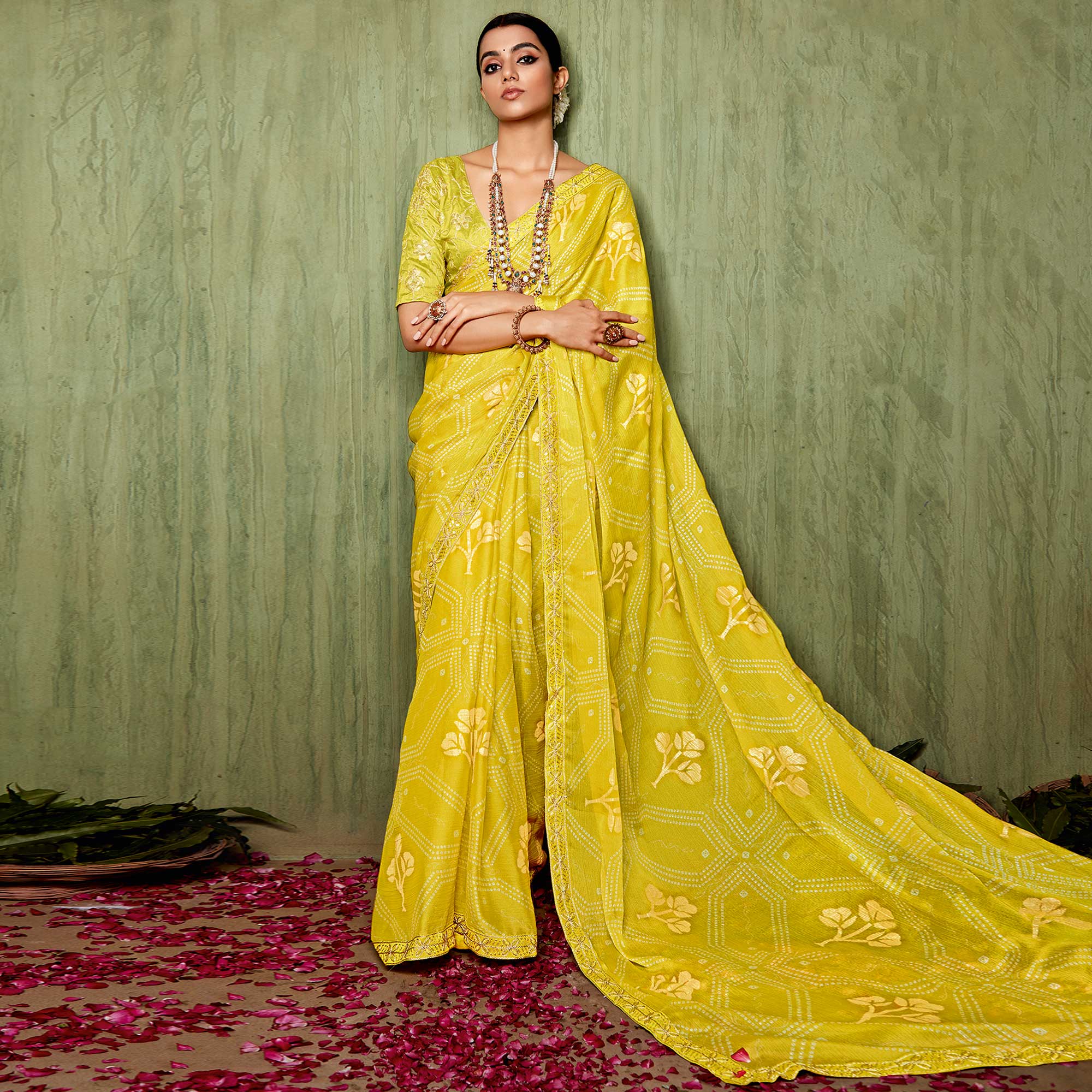 Peachmode Lemon yellow Foil Printed With Embroidered Border Chiffon Saree