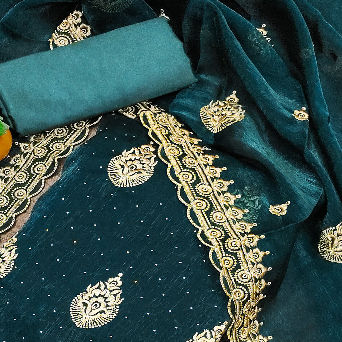Peachmode Morpich Embroidery With Stonework Mulberry Dress Material - view 2