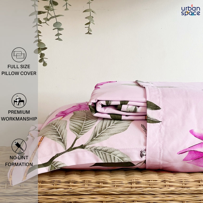Urban Space -Home Furnishing Store Serene 200 TC 100% Cotton Single Printed Bedsheet with Pillow Covers - Bloom Ray Pink - view 4
