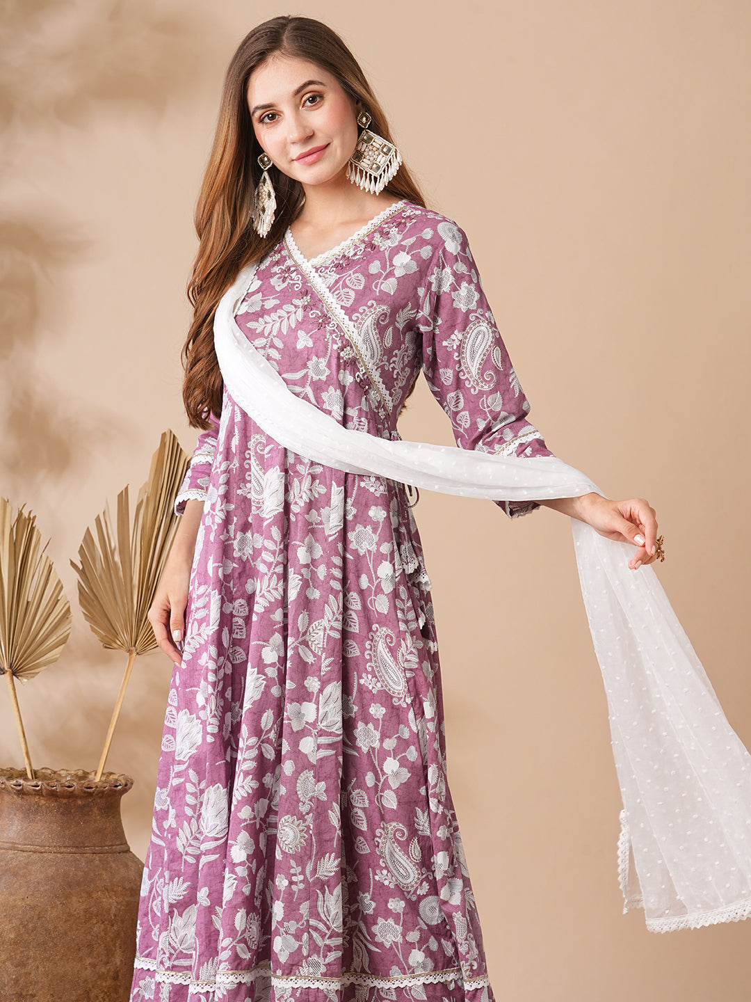 Fashor Floral Printed Stones & Pearl Embroidered Anarkali Kurta with Pants & Dupatta - Mauve - view 3