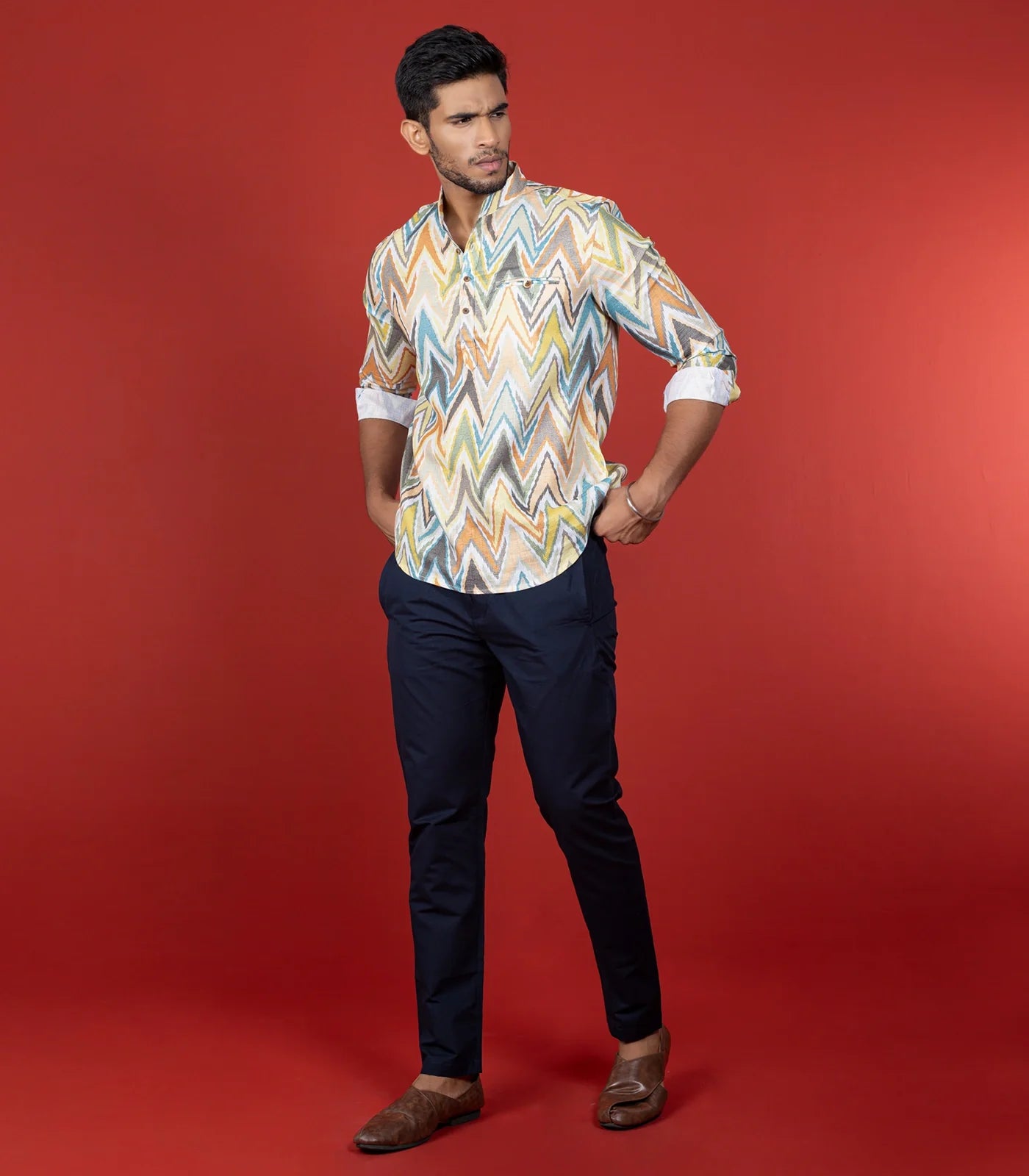 RmKV Multicolor Chevron Short Kurta With Mandarin Collar-Multi colour - view 4