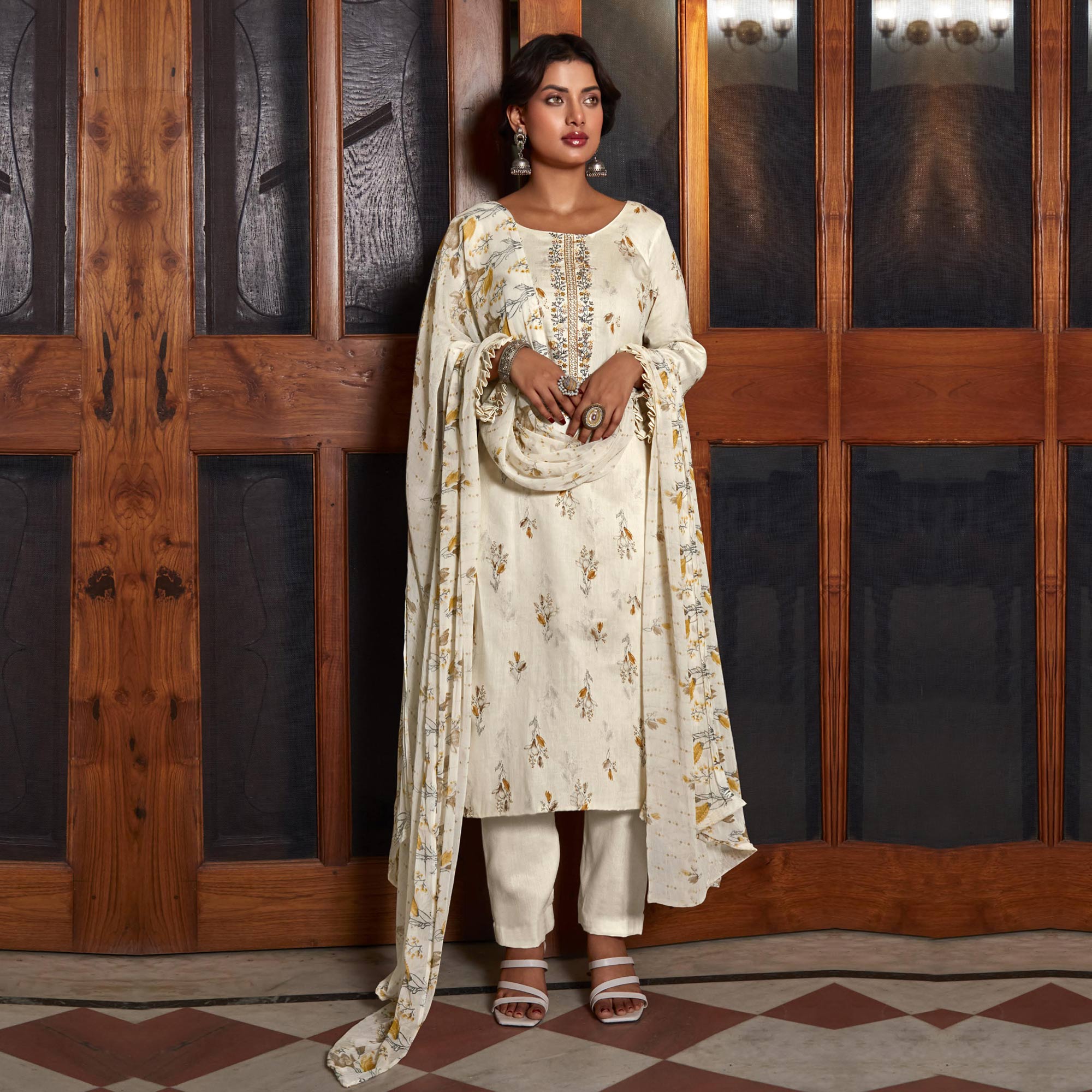 Peachmode Cream Printed With Embroidered Pure Cotton Suit - view 2