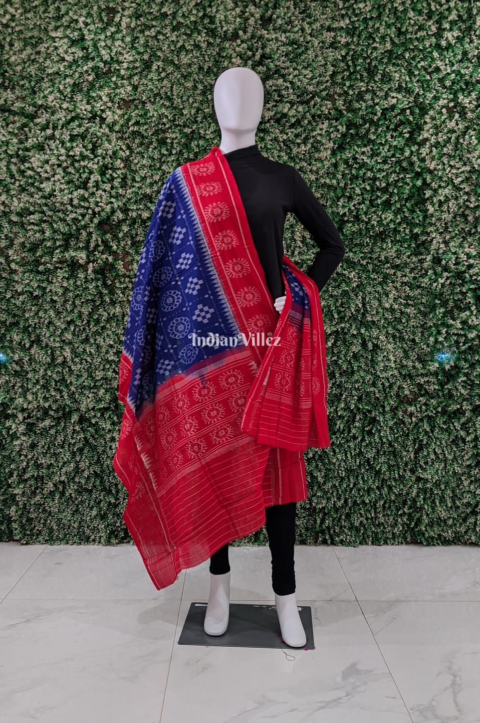 IndianVillèz Blue Red Pasapali Odisha Ikat Cotton Dupatta