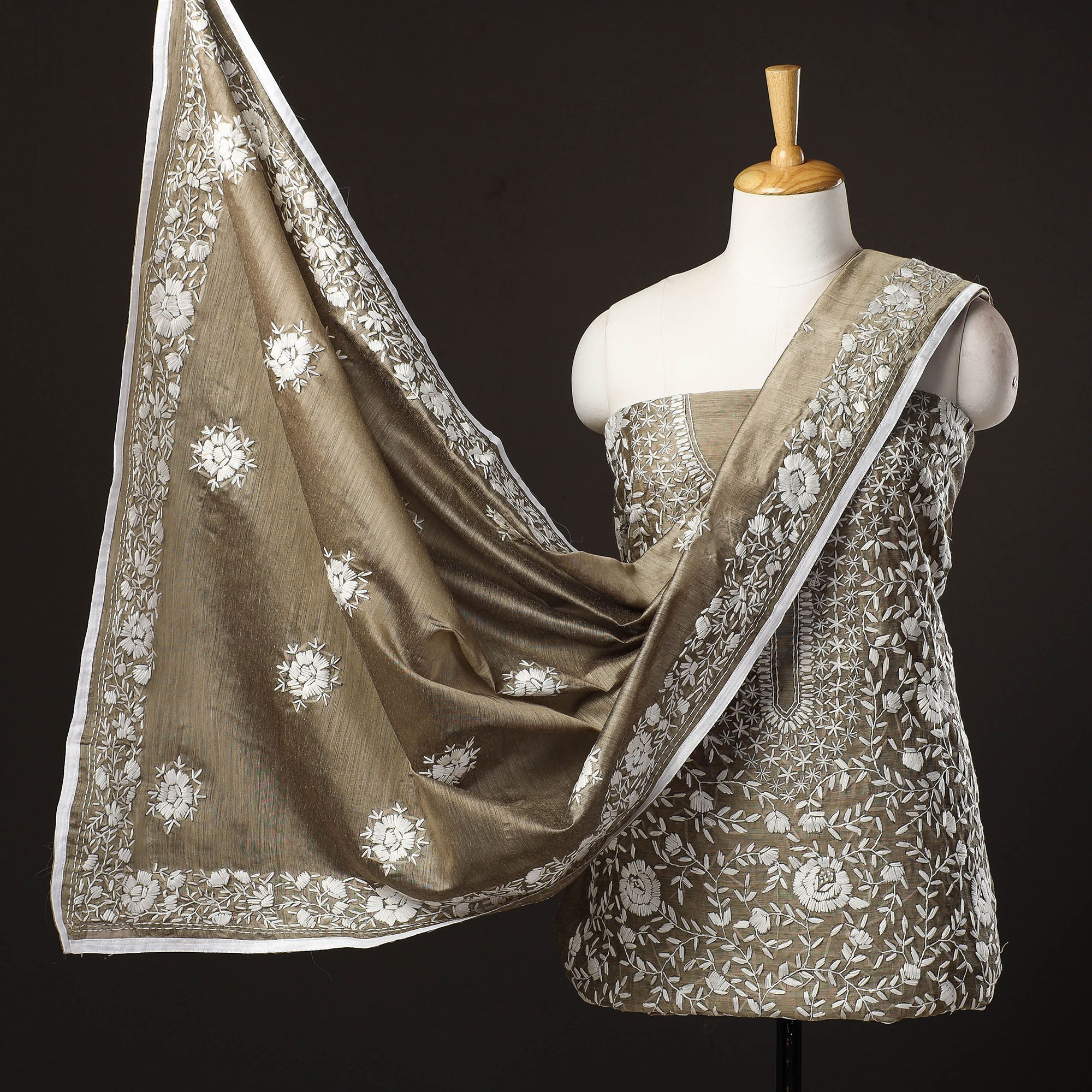 ITOKRI CRAFTS INITIATIVE Brown - 3pc Hand Embroidery Silk Cotton Phulkari Dress Material 22