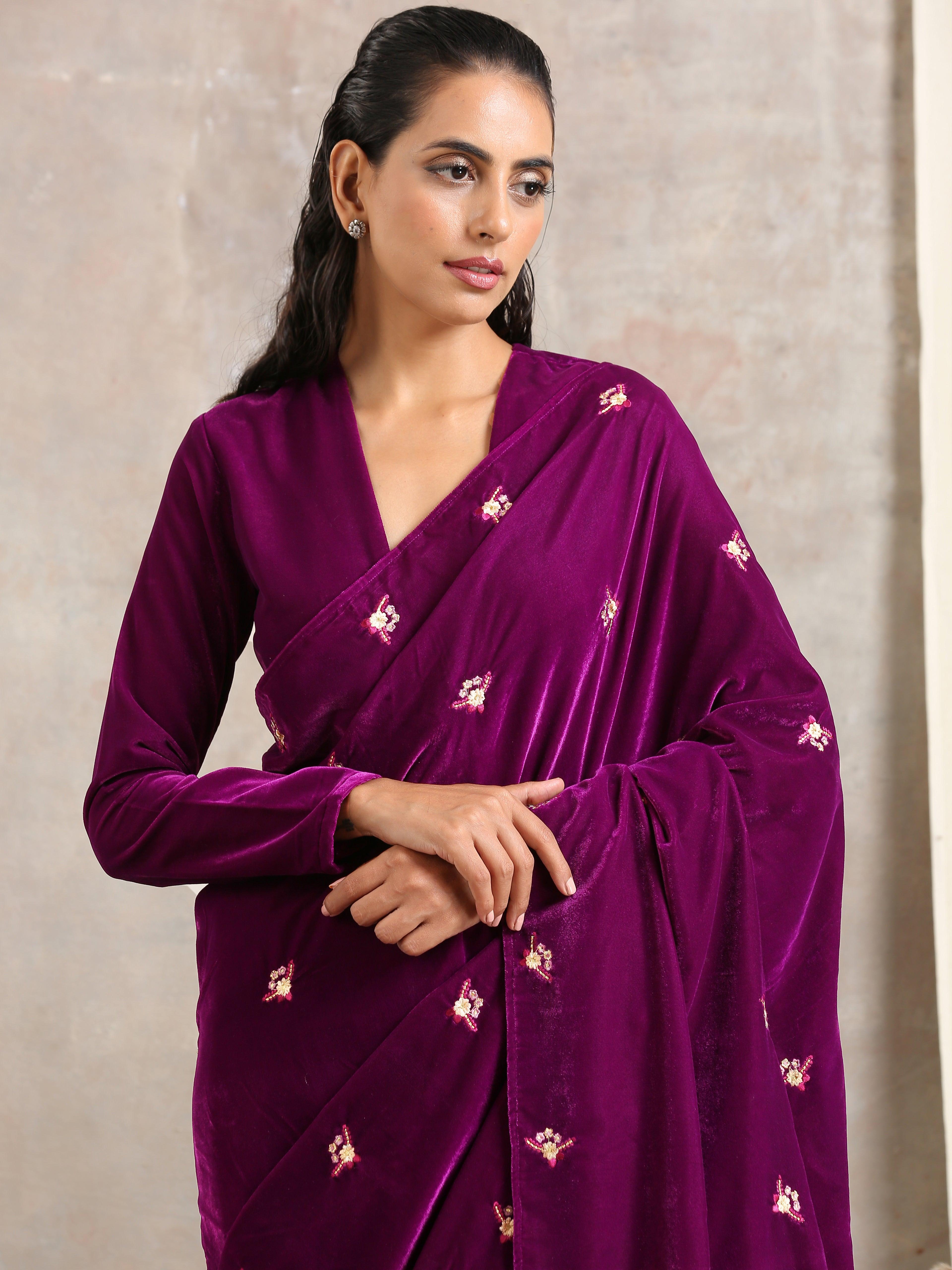 trueBrowns Wine Velvet Silk Embroidered Ready To Wear Saree - view 3