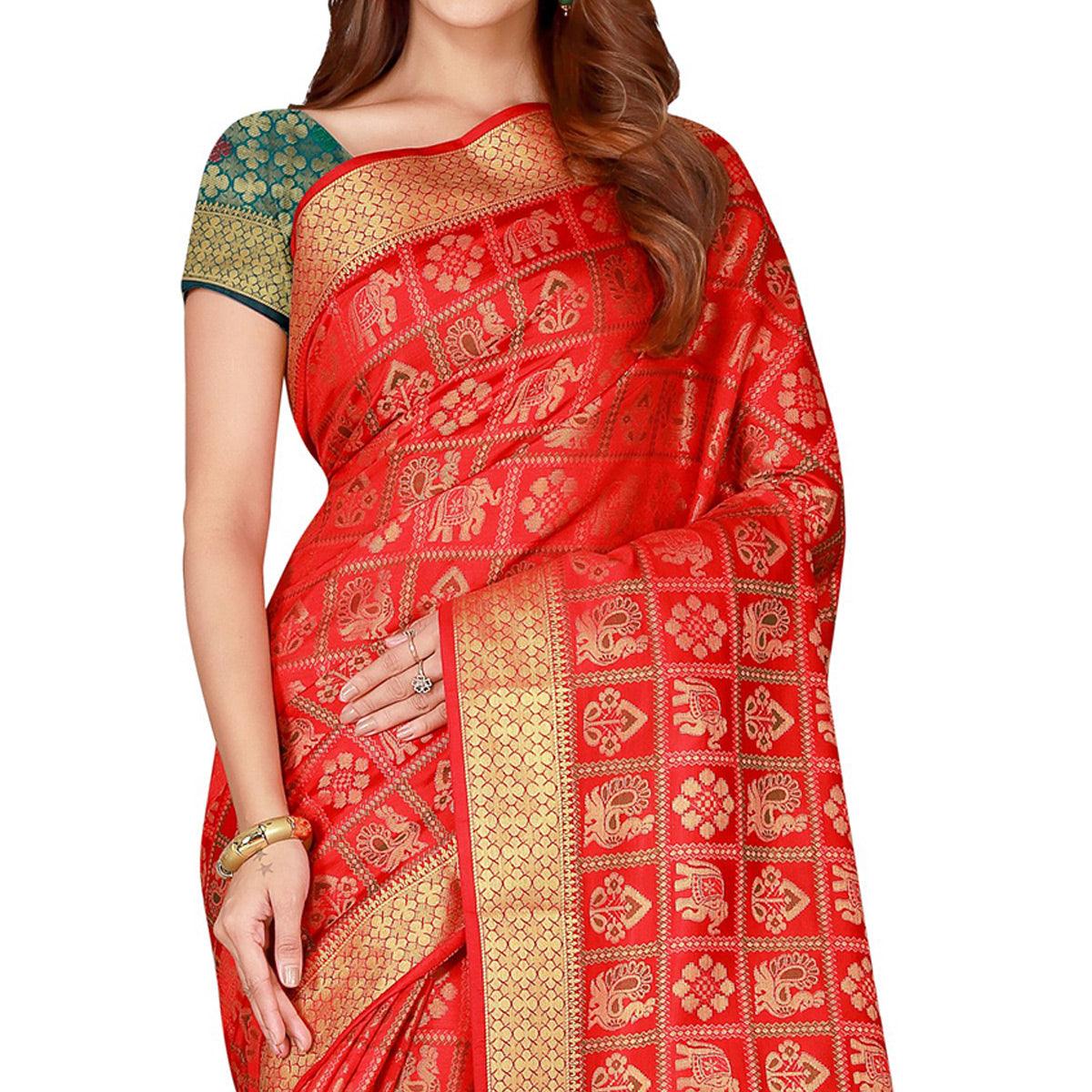 Peachmode Innovative Red Colored festive Wear silk Saree - view 2