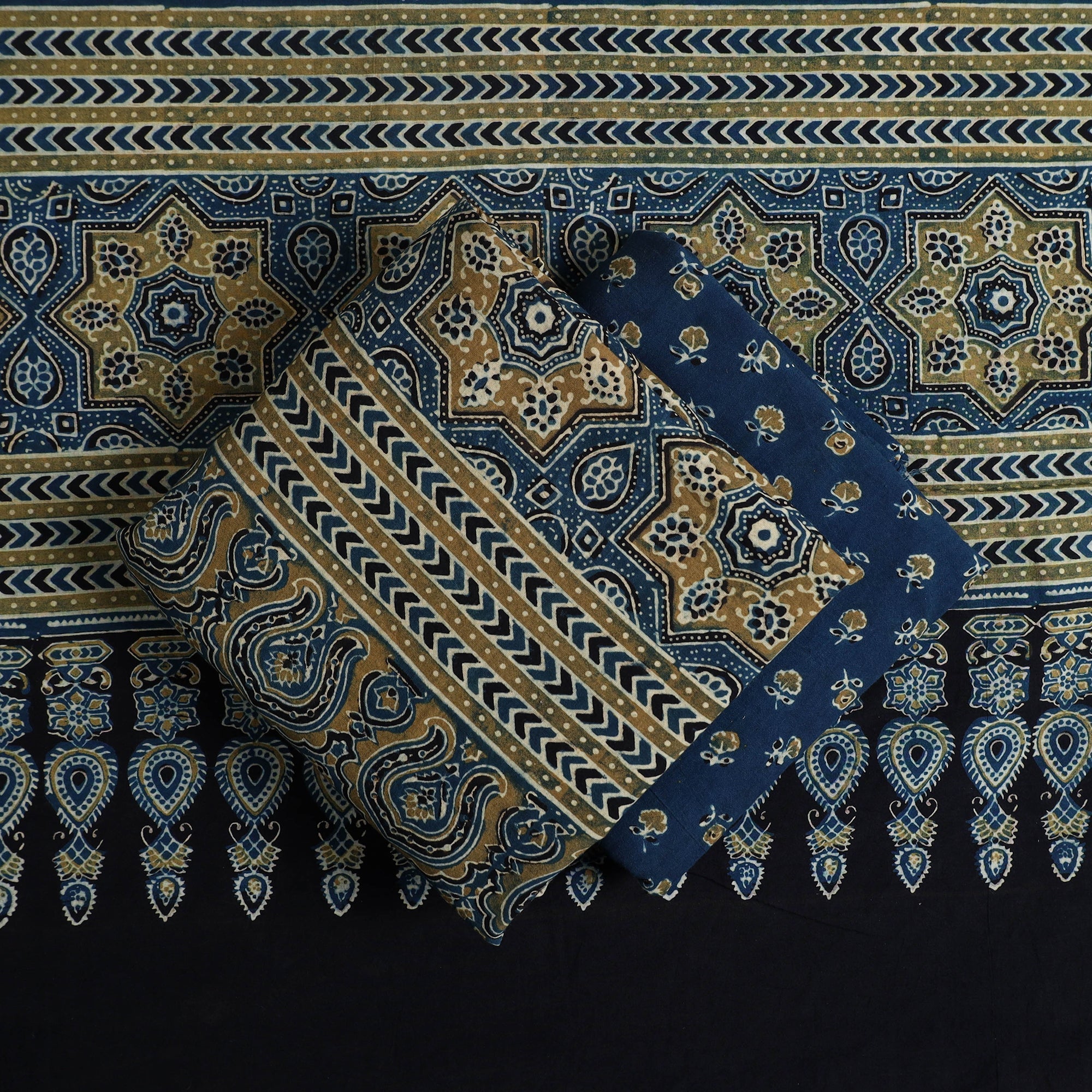 AJRAKH BY SUFIYAN ISMAIL KHATRI Blue - Hand Block Print Cotton 3pc Ajrakh Dress Material 09 - view 2