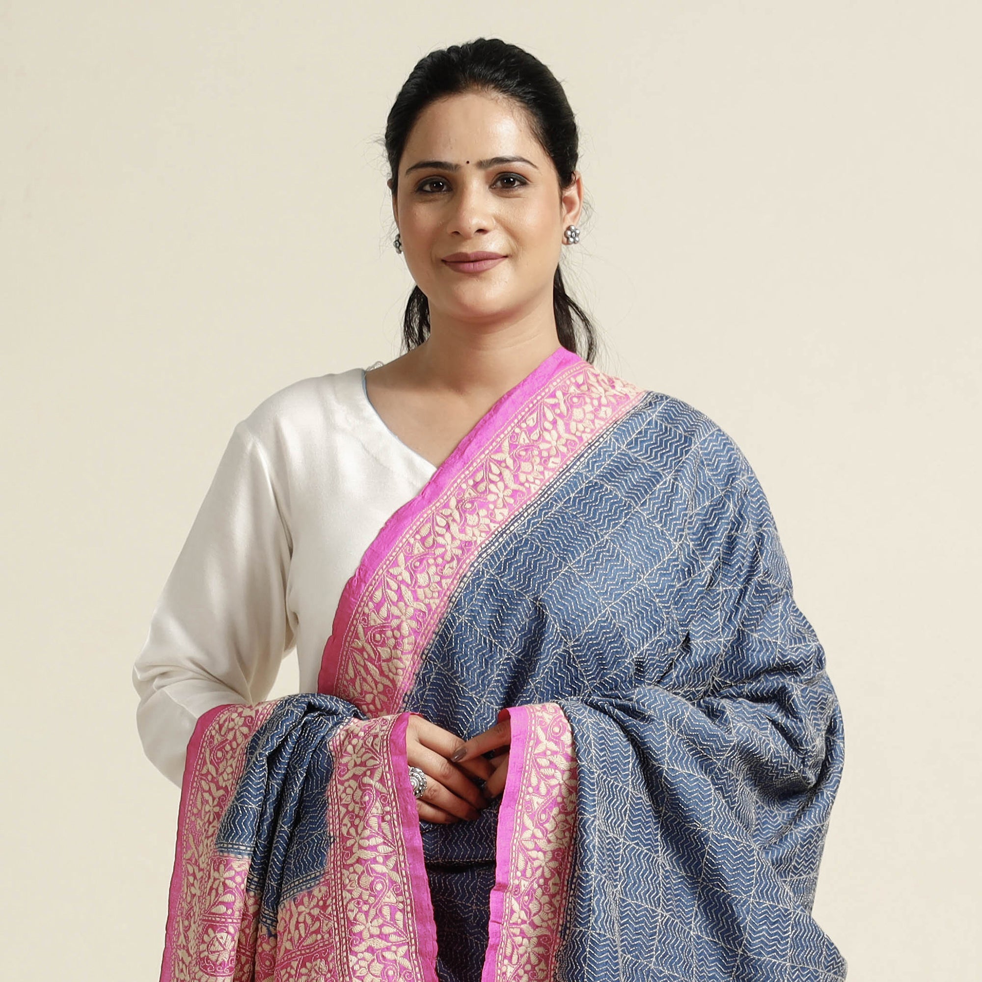 KHUSHBASH - HAPPY LOOM OF EAST Blue - Bengal Kantha Embroidery Tussar Silk Handloom Dupatta - view 3