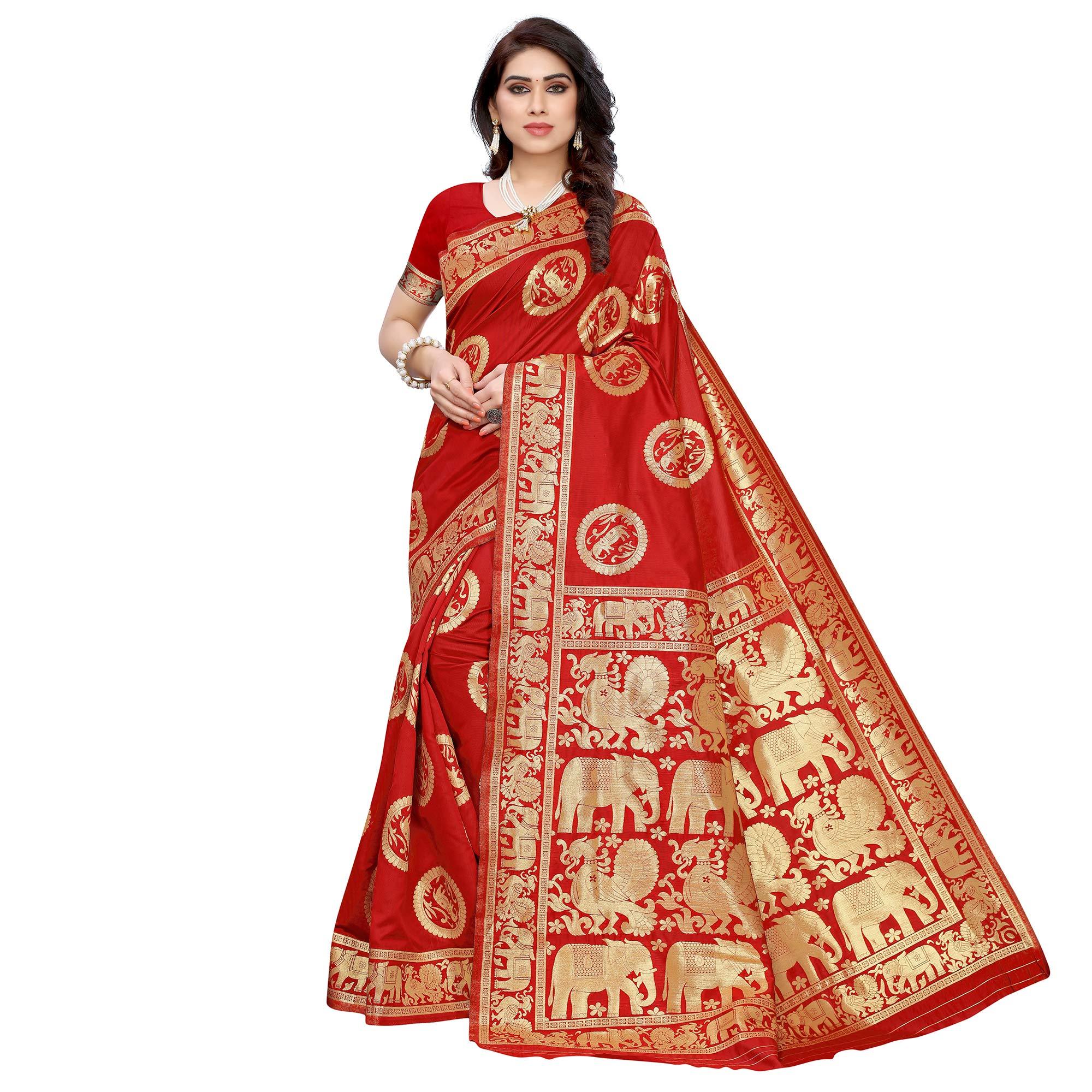 Peachmode Mesmeric Red Colored Festive Wear Woven Jacquard Saree