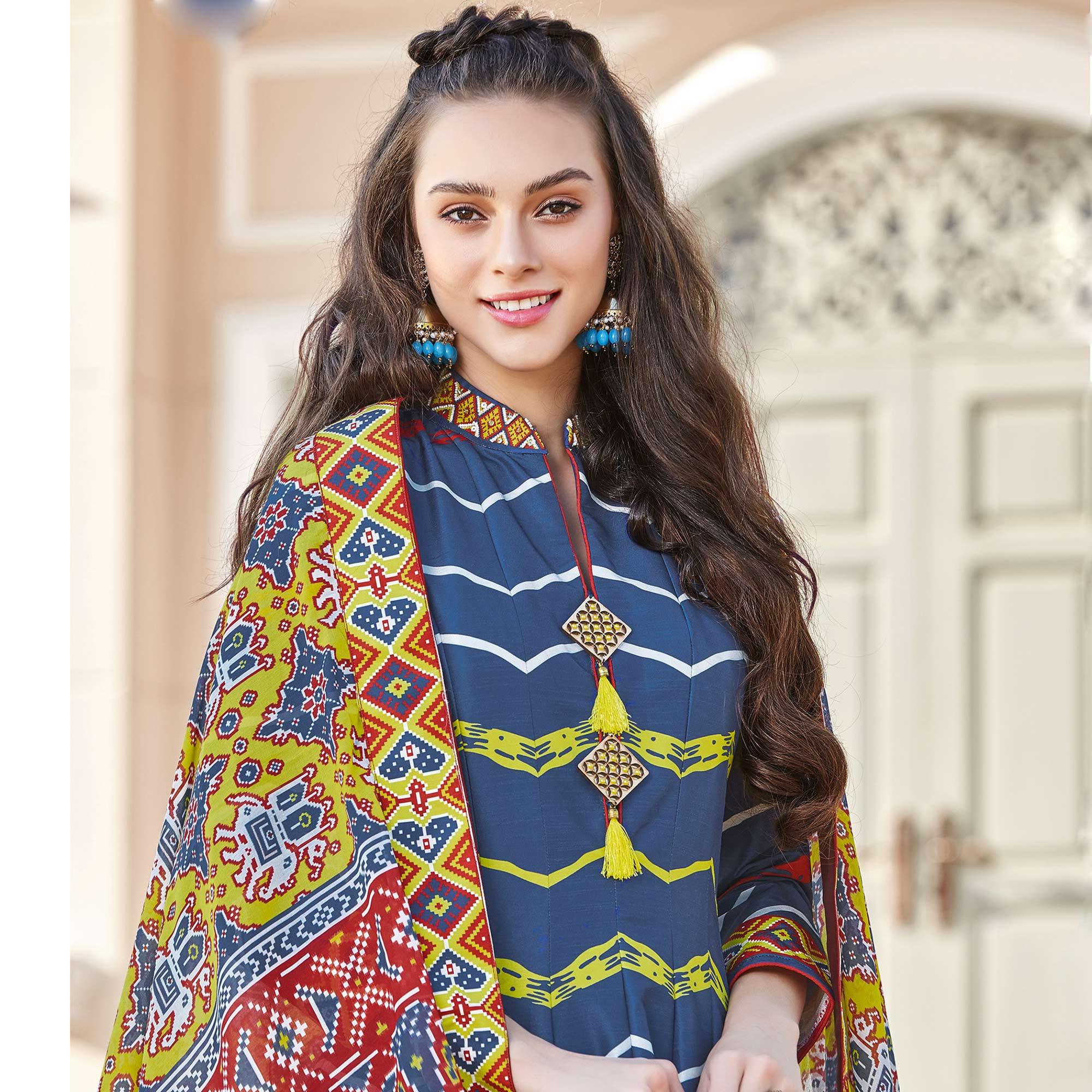 Peachmode Seller Intricate Blue Colored Partywear Designer Digital Patola Print Killer Silk Anarkali Suit - view 2