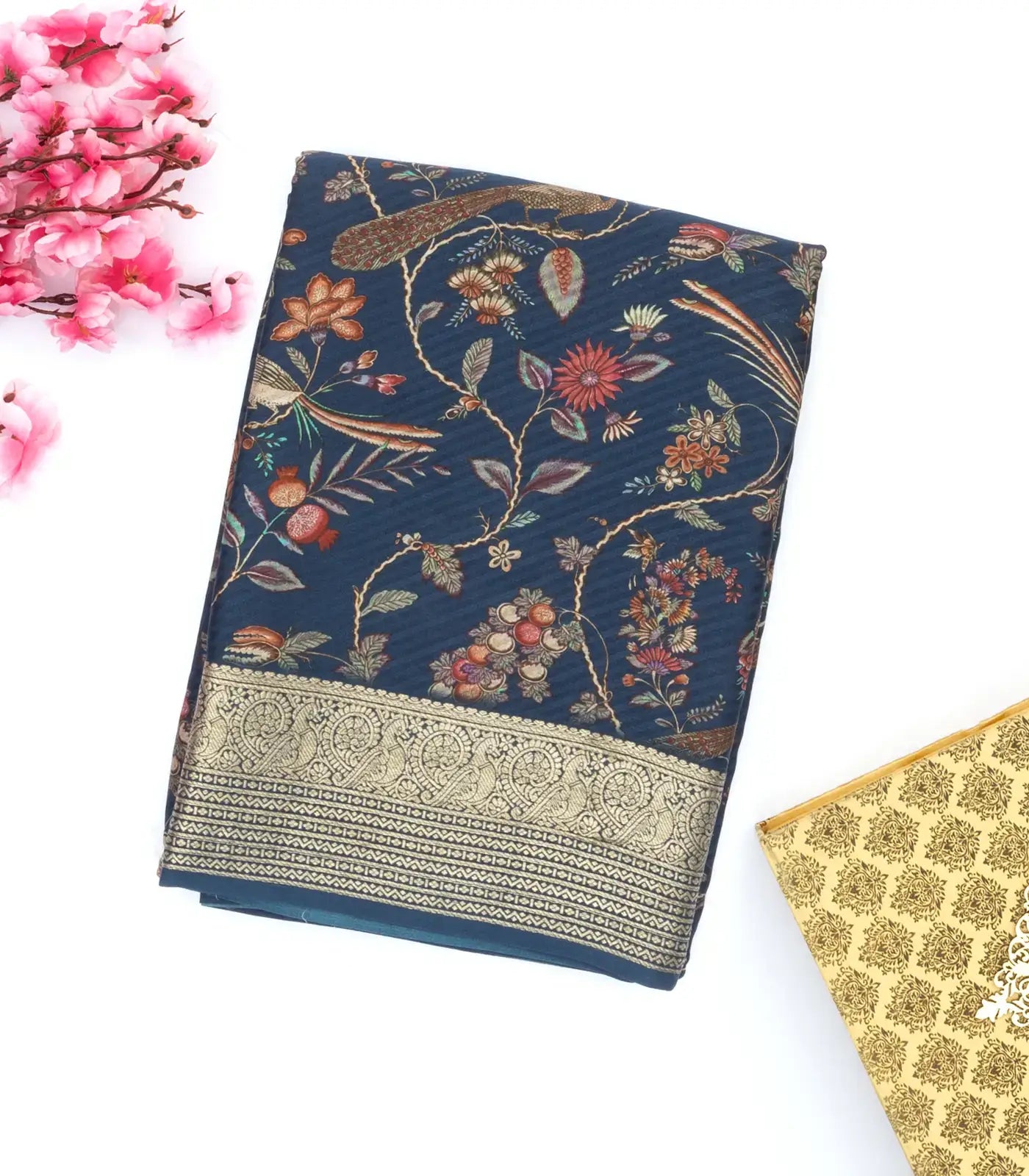 RmKV Navy Blue Printed Georgette Silk Saree With Bird Motifs