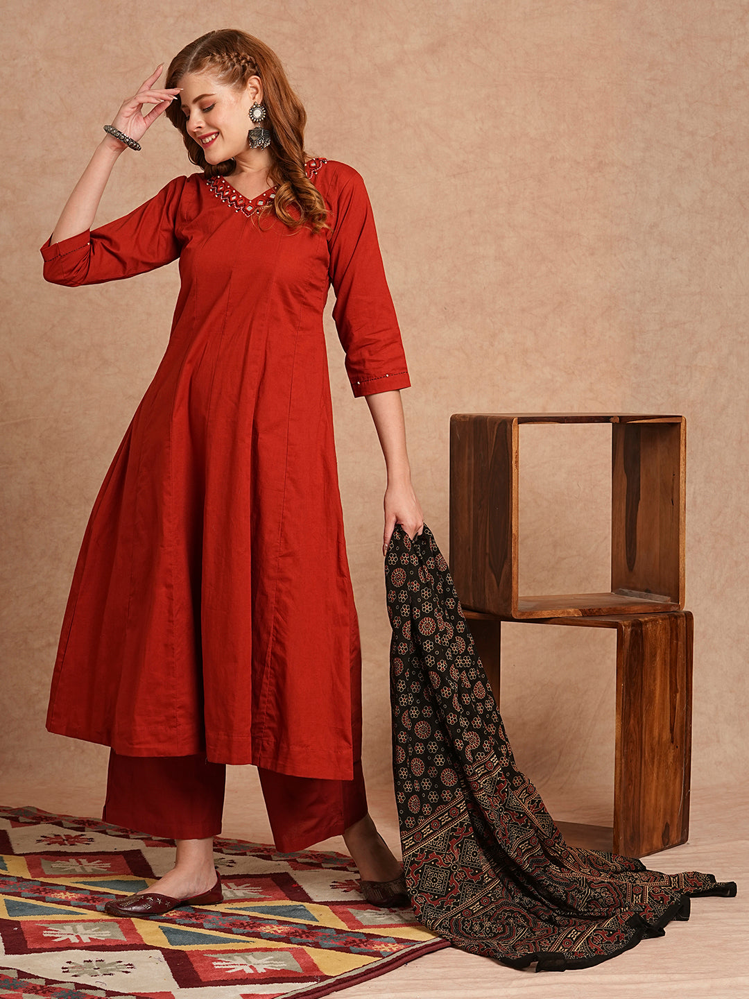 FASHOR Solid Mirror Embroidered Anarkali Kurta with Palazzo and Dupatta - Rust - view 2