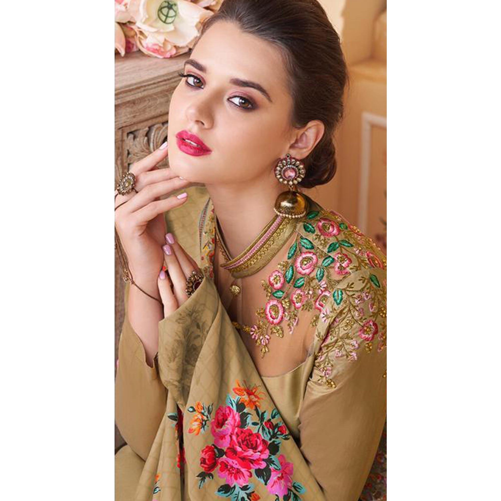 Peachmode Seller Flamboyant Chiku Colored Partywear Embroidered Silk Anarkali Suit - view 2