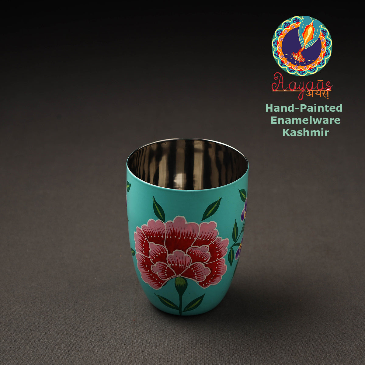 AAYAAS Blue - Floral Handpainted Enamelware Stainless Steel Glass