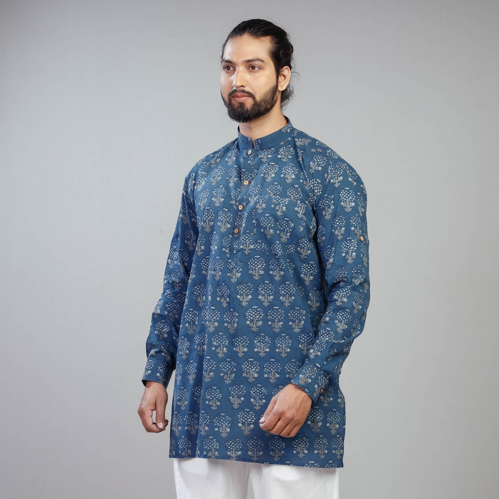 ITOKRI CASUALS Blue - Akola Block Printing Cotton Men Short Kurta - view 2