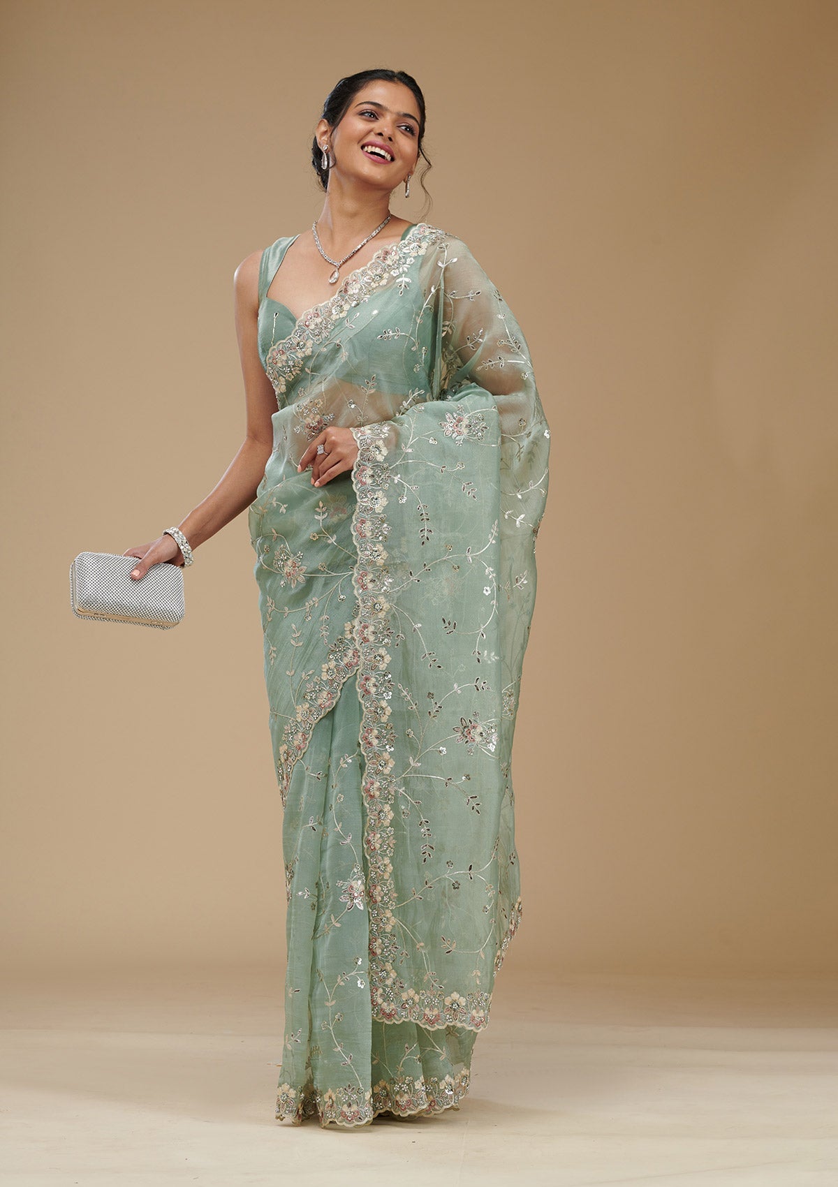 Koskii Pista Green Gotapatti Tissue Saree – Women's