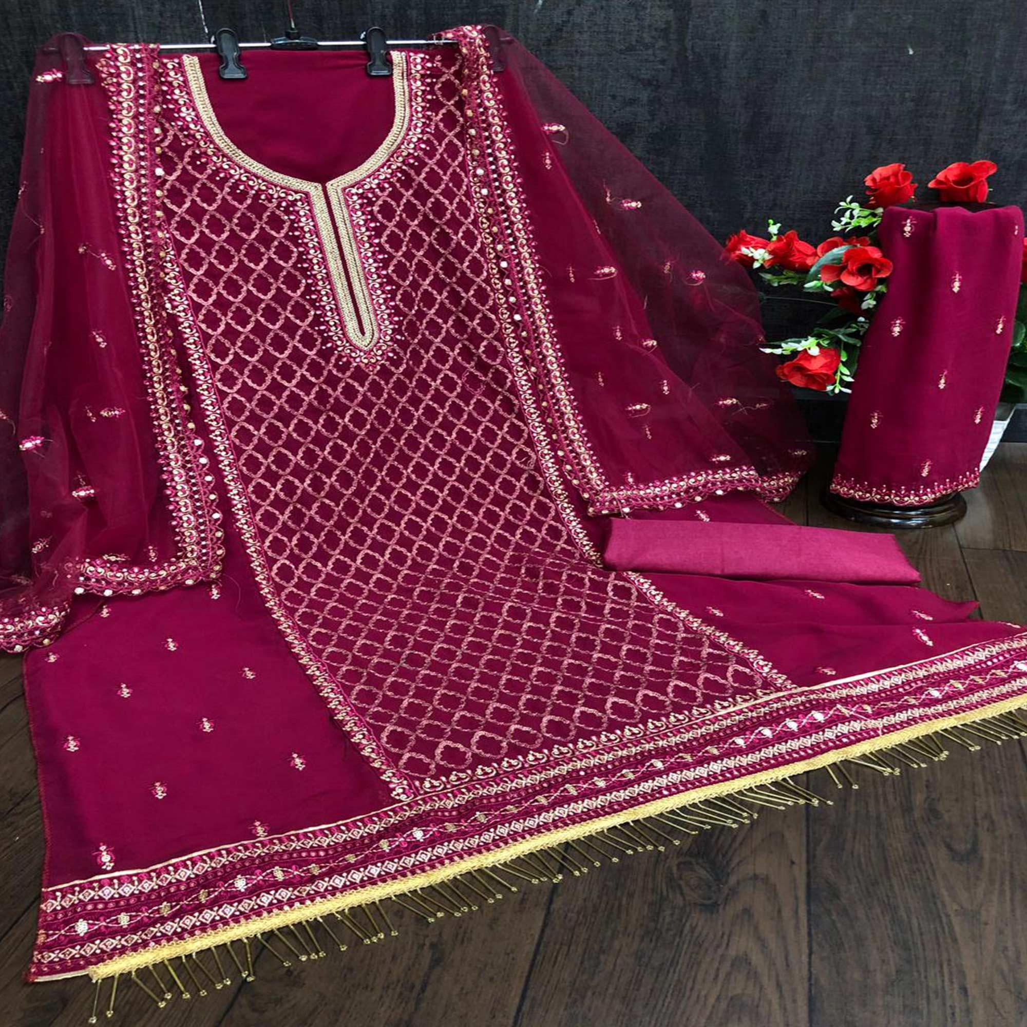 Peachmode Festive Wear Maroon Designer with Embroidery Work Faux Georgette Palazzo Suit - view 3
