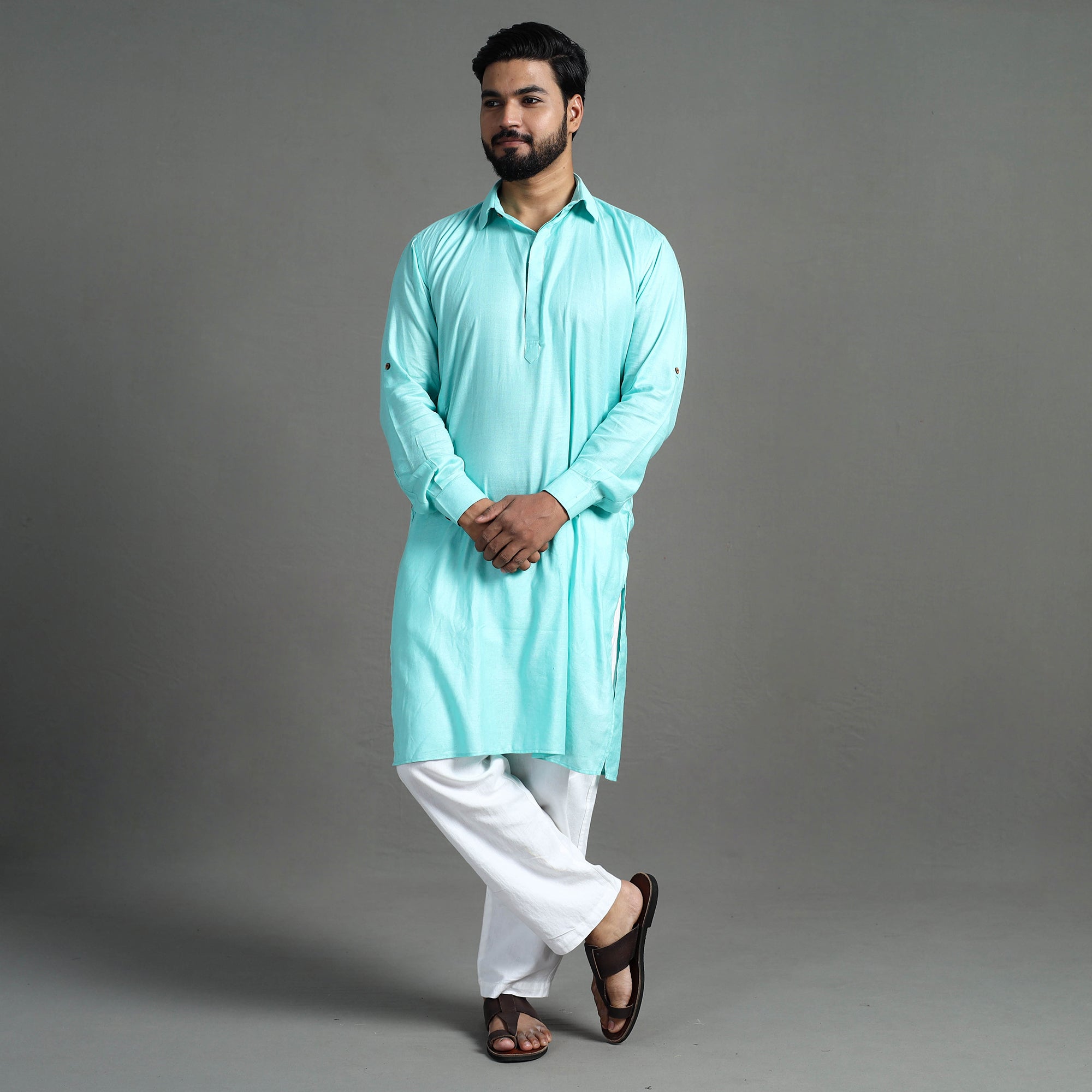 ITOKRI CASUALS Aqua Blue - Linen Viscose Plain Men Long Pathani Kurta - view 2