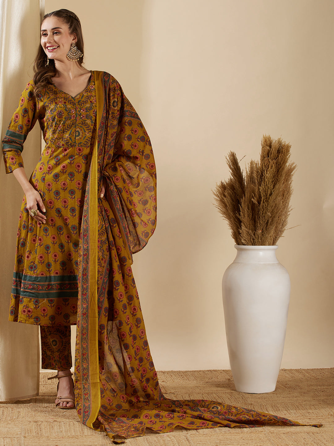 Fashor Floral Printed & Embroidered Anarkali Kurta with Pant & Dupatta - Mustard - view 2