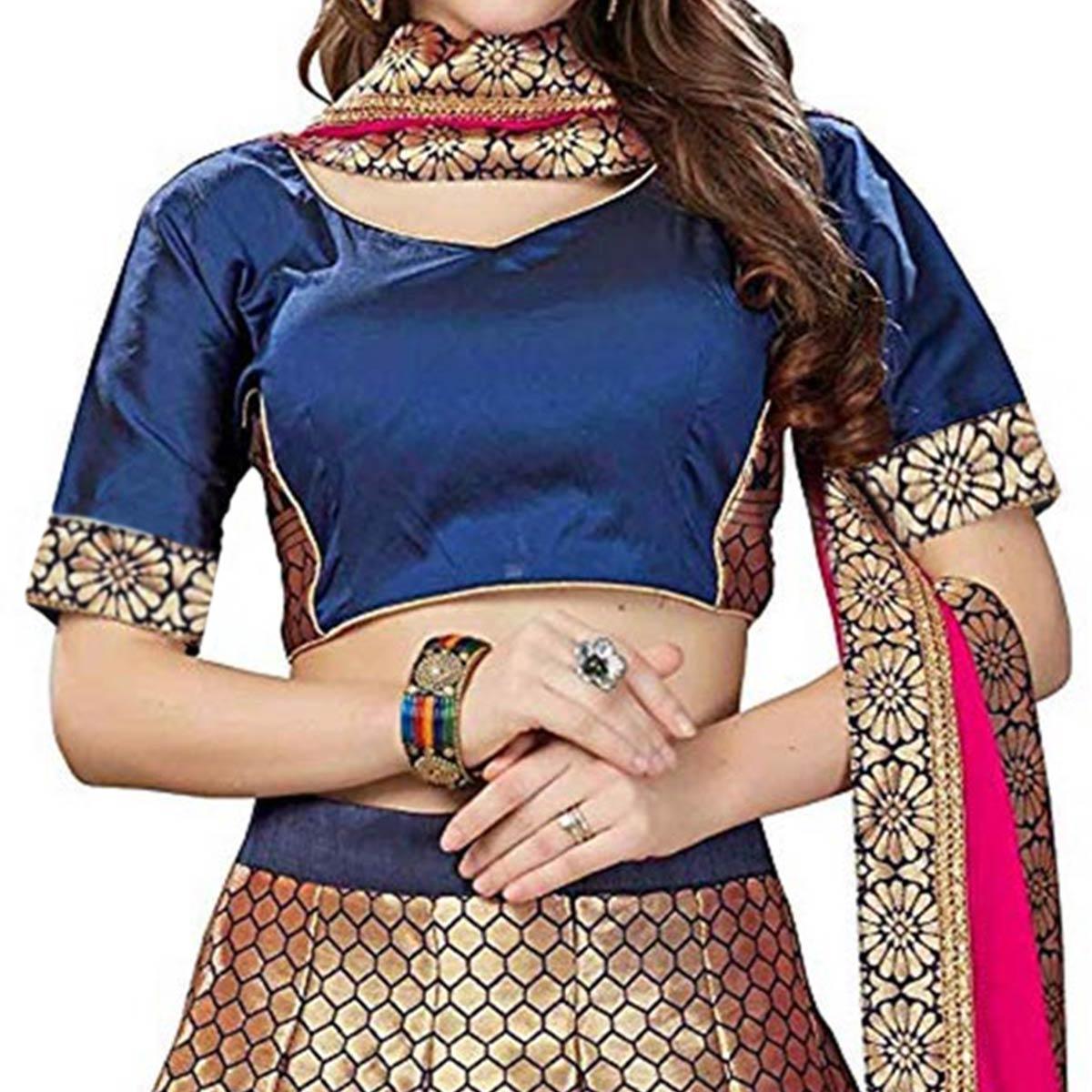Peachmode Magnetic Blue Colored Partywear Woven Banarasi Silk Jacquard Lehenga Choli - view 3