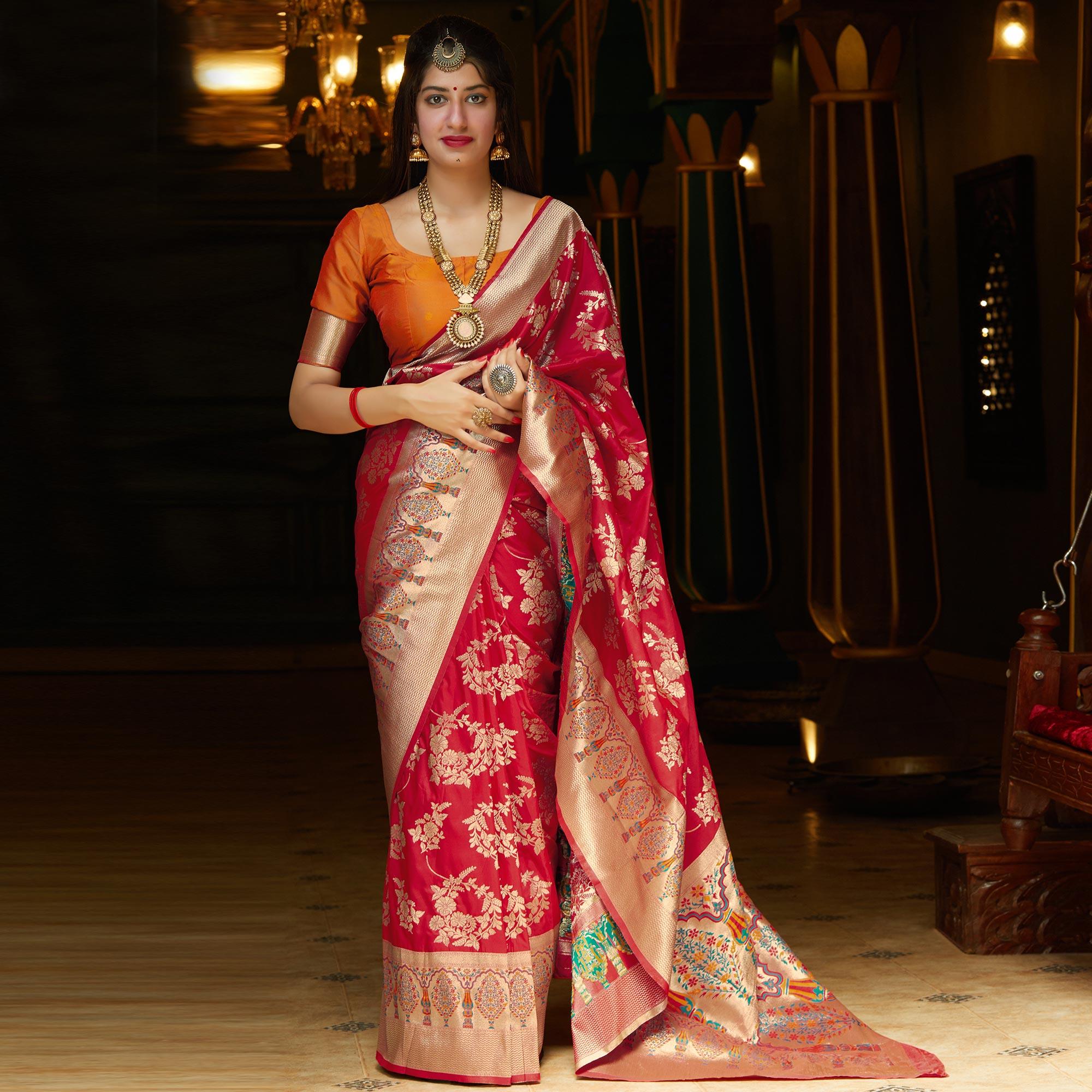Peachmode Hypnotic Red Colored Festive Wear Woven Silk Saree
