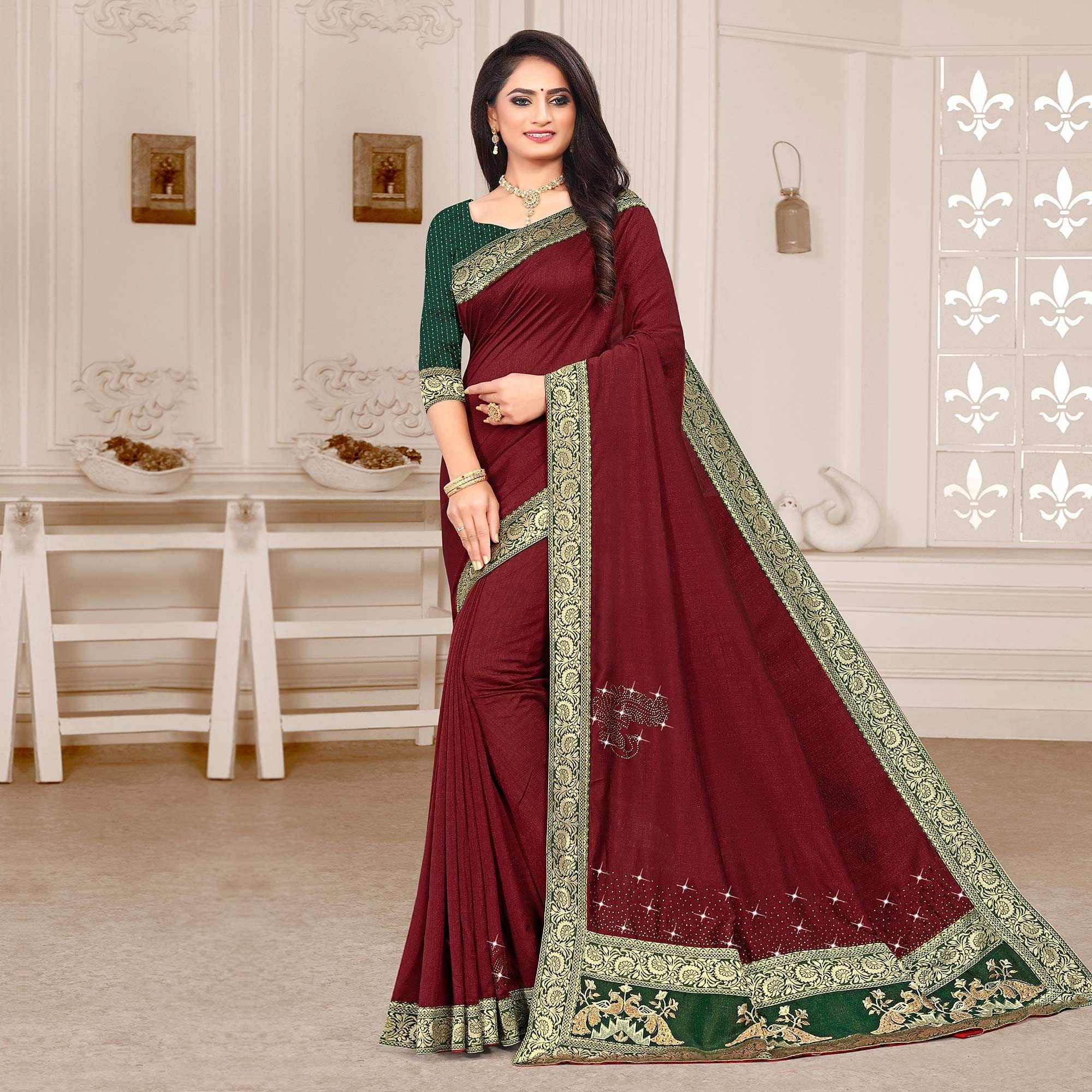 Peachmode Maroon Embellished Vichitra Silk Saree