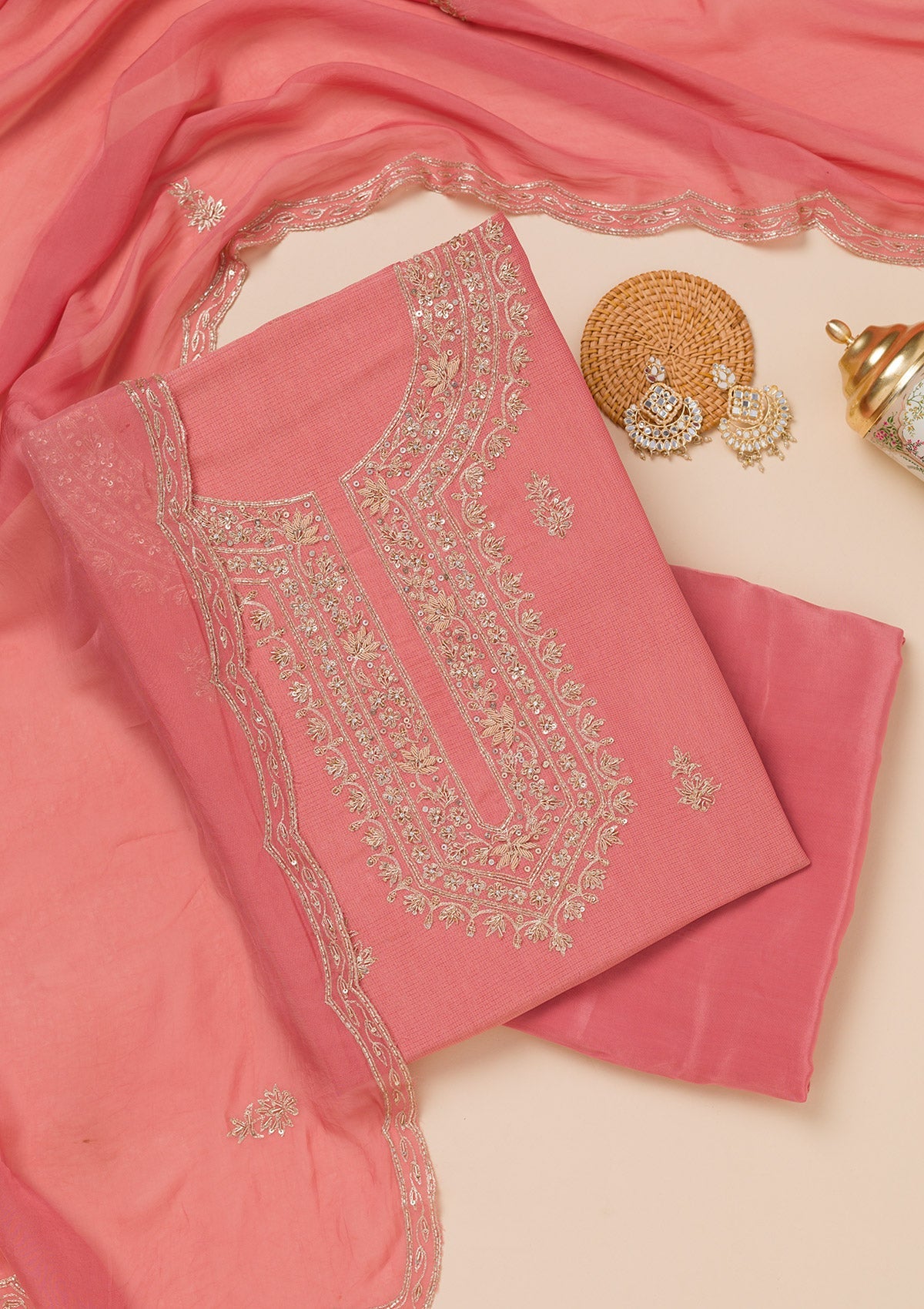 Koskii Peach Cutdana Tissue Unstitched Salwar Suit