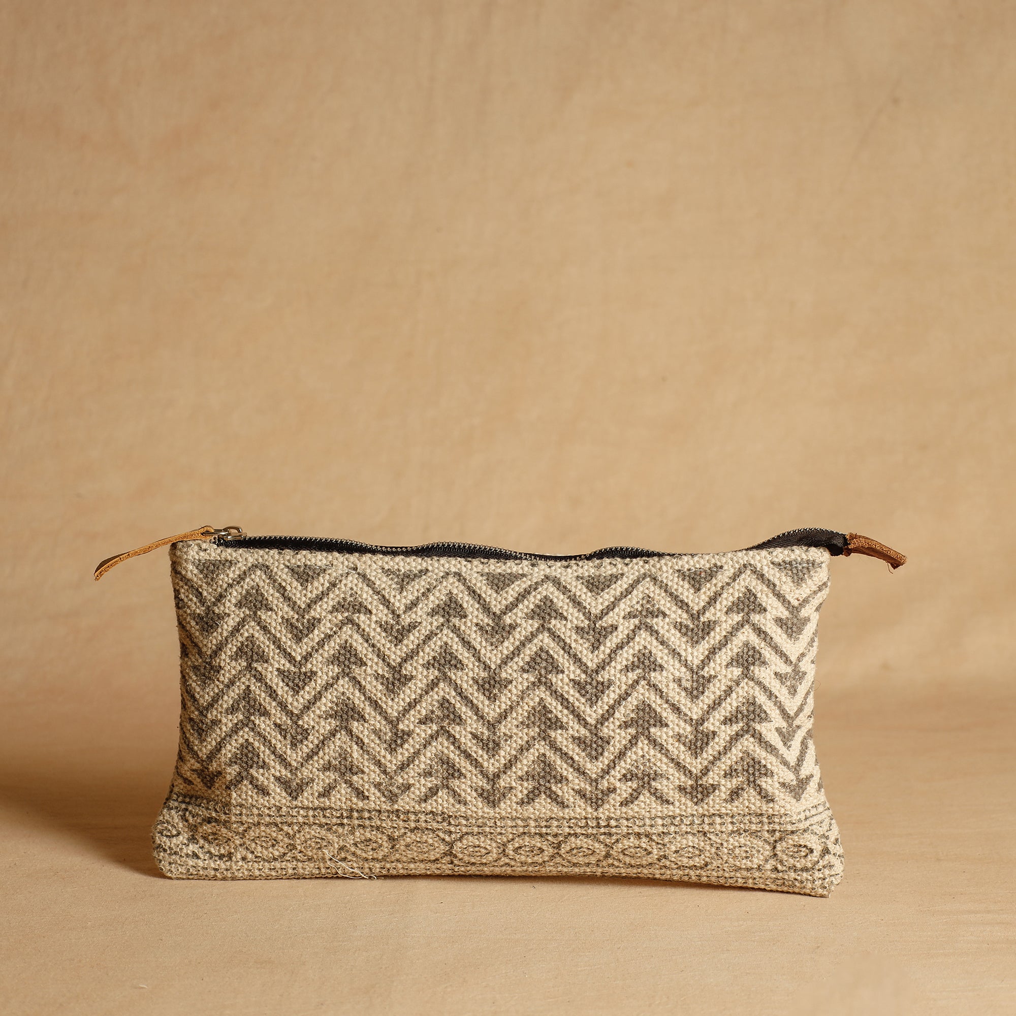 HAVELI CHRONICLES Beige - Jaipur Block Printed Handloom Cotton Multipurpose Toiletry Pouch (7 x 12 in)