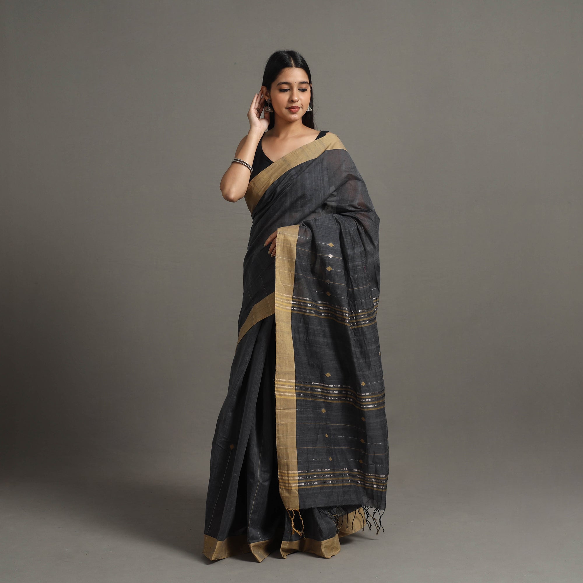 CREYO Black - Jamdani Buti Zari Stripe Cotton Handloom Saree 80