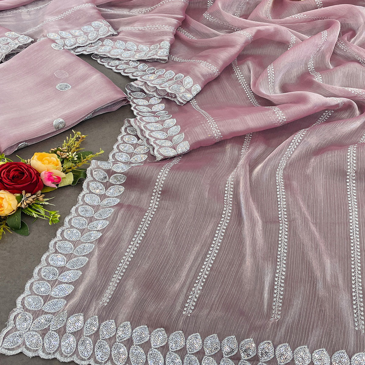 Peachmode Light Mauve Sequins Embroidered Chiffon Silk Saree - view 2