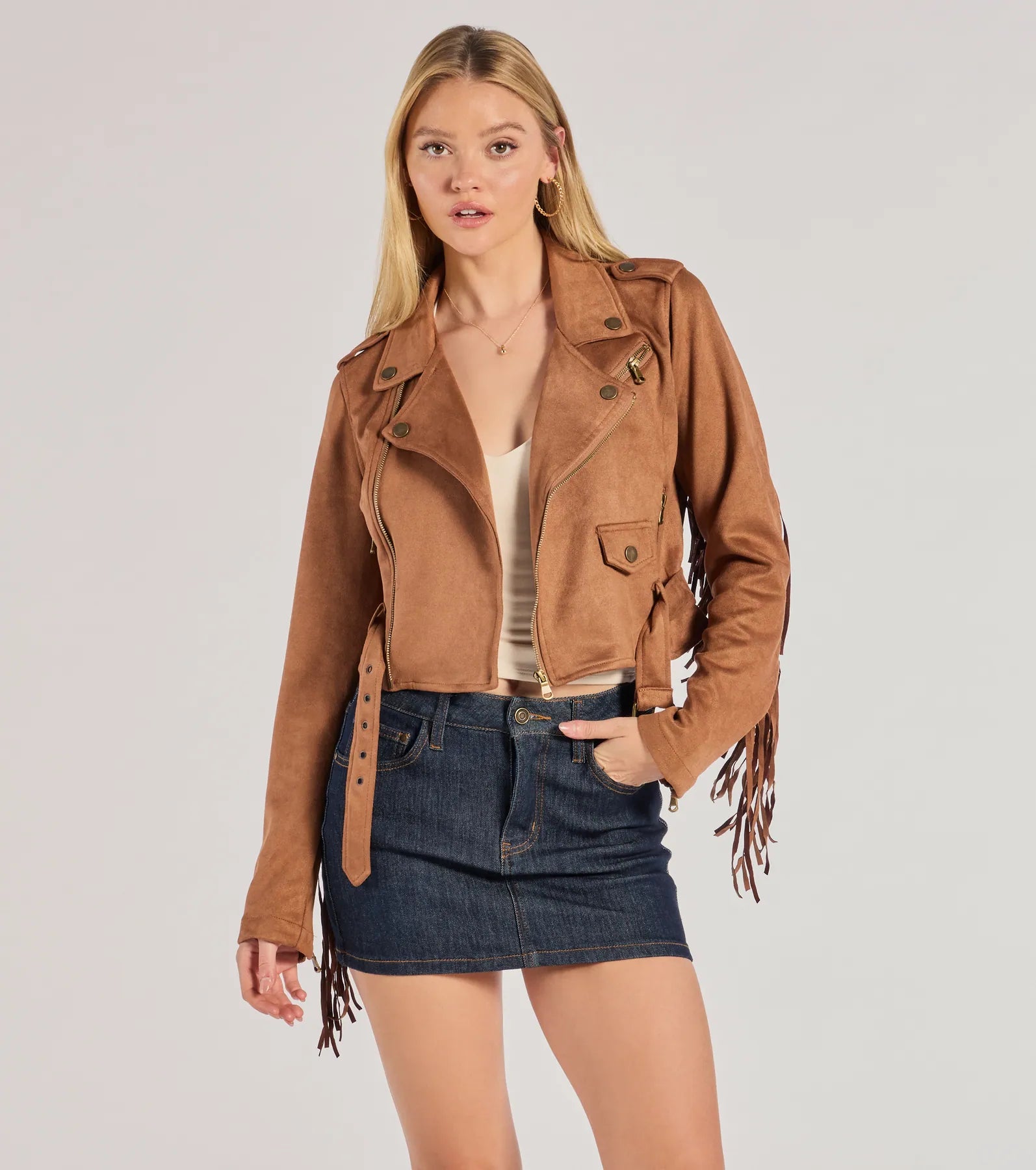 Windsor Western Chic Flair Faux Suede Fringe Moto Jacket