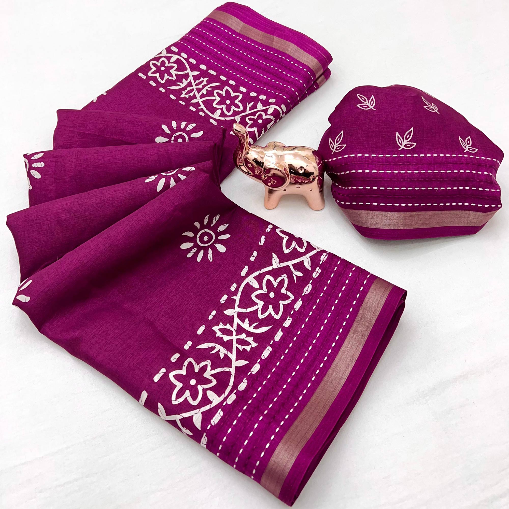 Peachmode Dark Magenta Floral Printed Cotton Crepe Saree With Katha & Zari Border