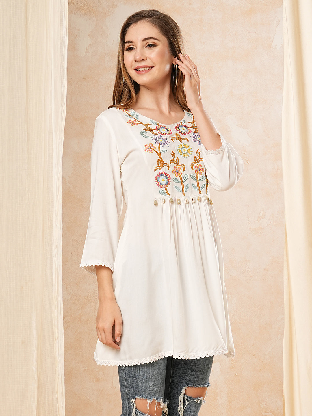 Fashor Solid Neon Floral Thread & Bead Embroidered A-Line Pleated Kurti - White - view 5