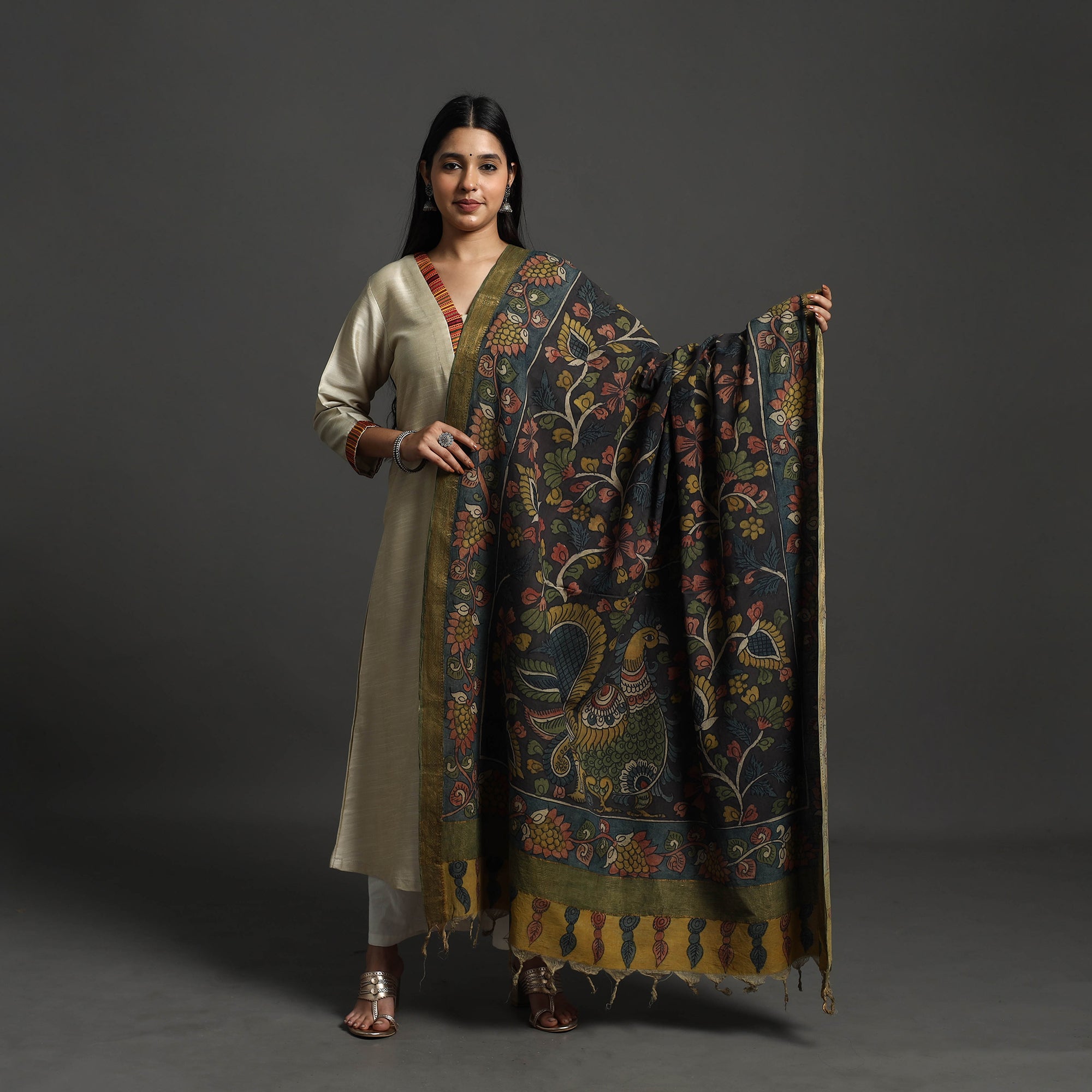 SOUTH KARGHA Black - Mangalagiri Cotton Handpainted Pen Work Kalamkari Dupatta 10 - view 2