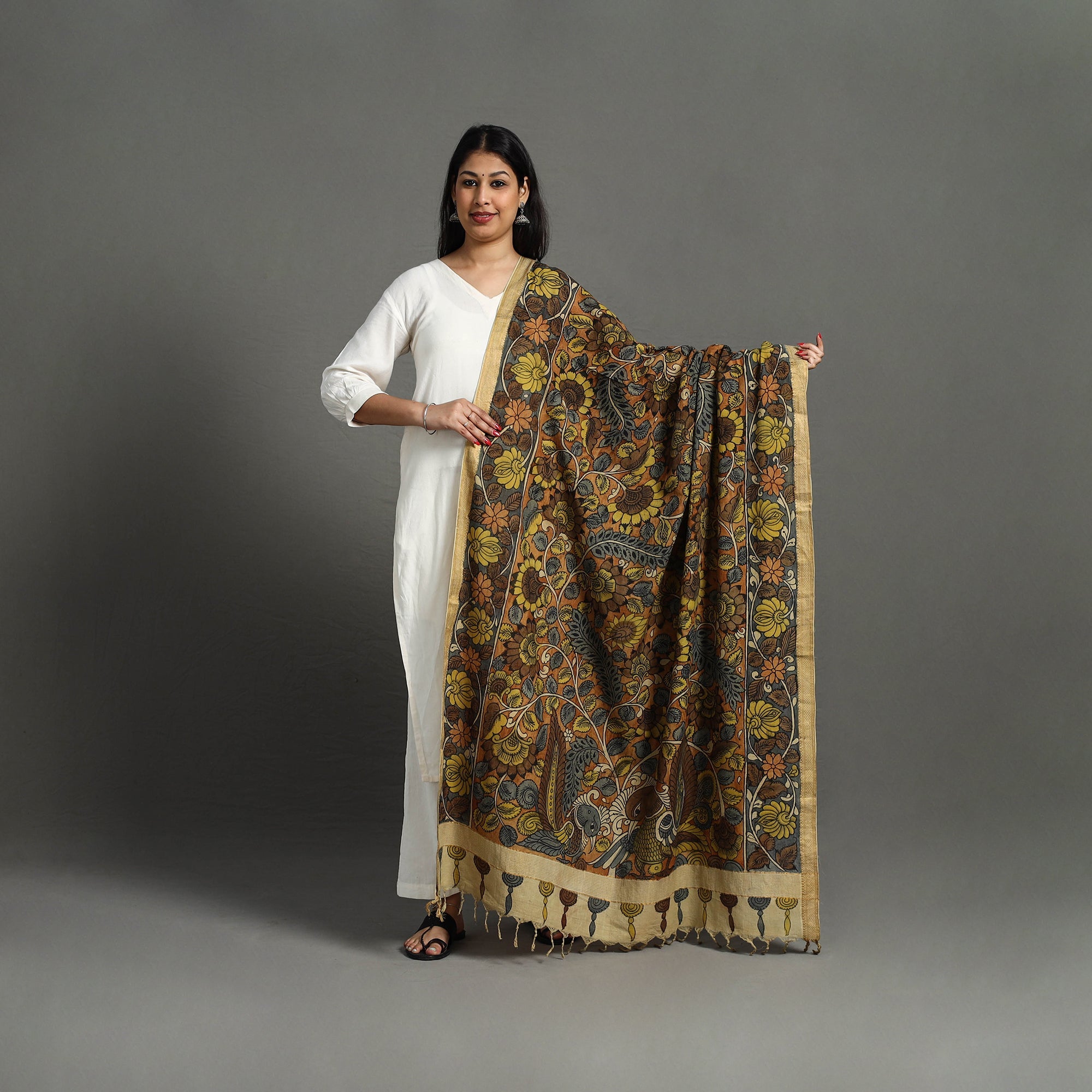 SOUTH KARGHA Brown - Mangalagiri Cotton Handpainted Pen Work Kalamkari Dupatta 23