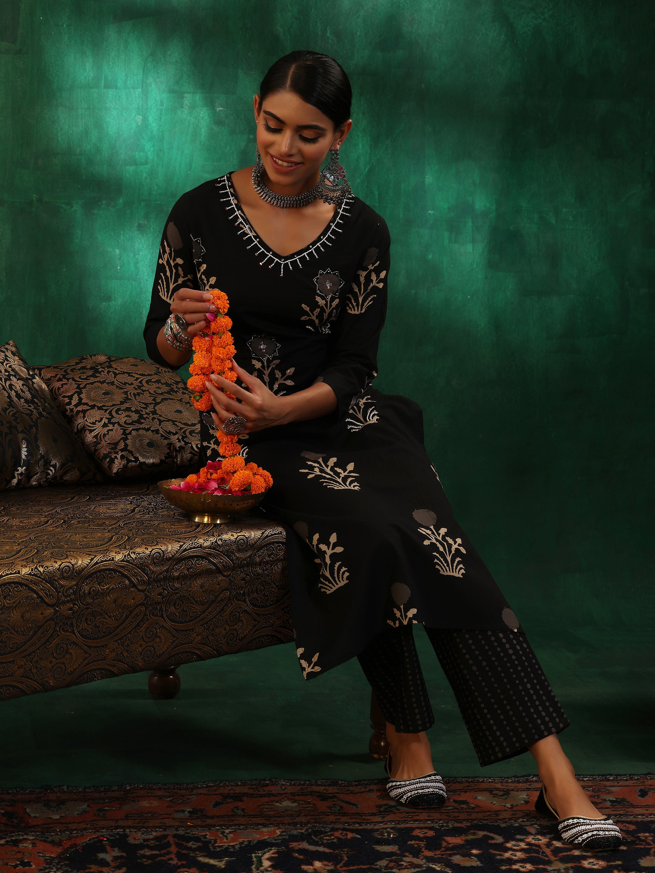 Libas Black Printed Cotton Straight Kurta Set
