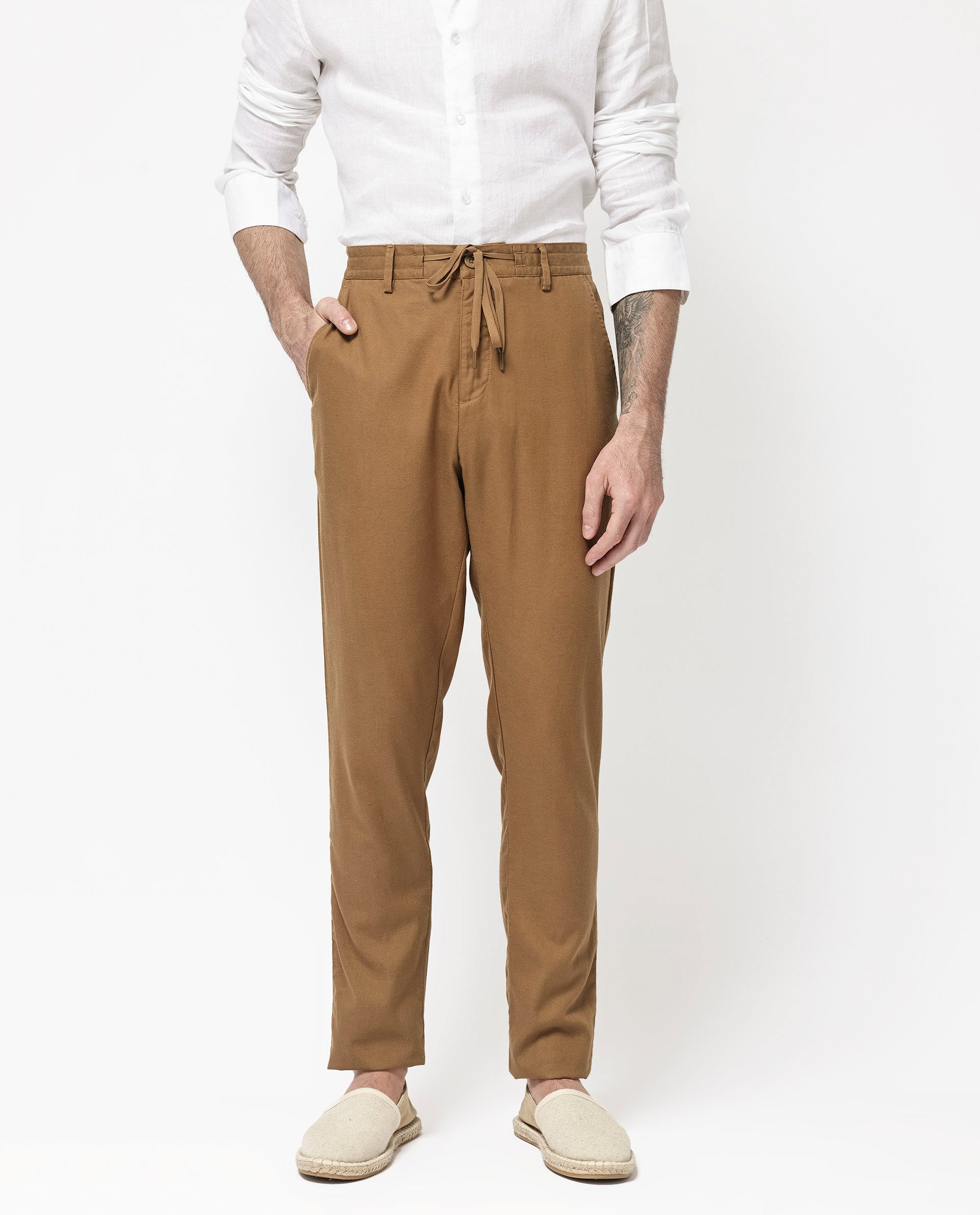 Rare Rabbit Mens Reric Pastel Brown Drawstring Closure Solid Linen Trouser