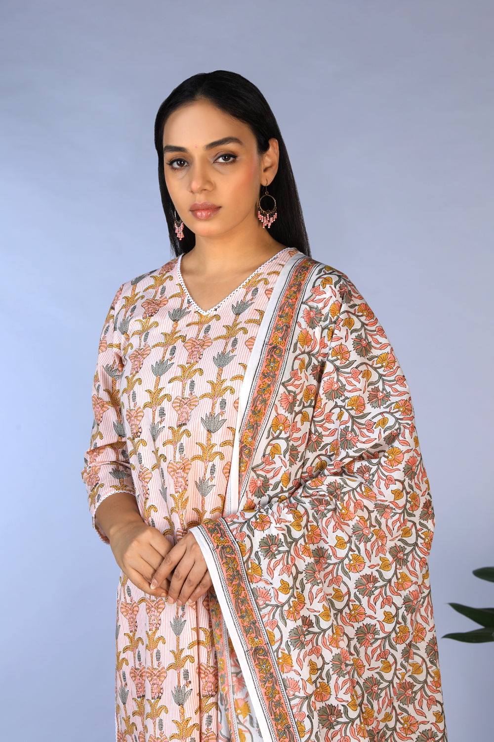 Kalanjali Ethnics Handblock printed kurti ,pants and dupatta set - view 3