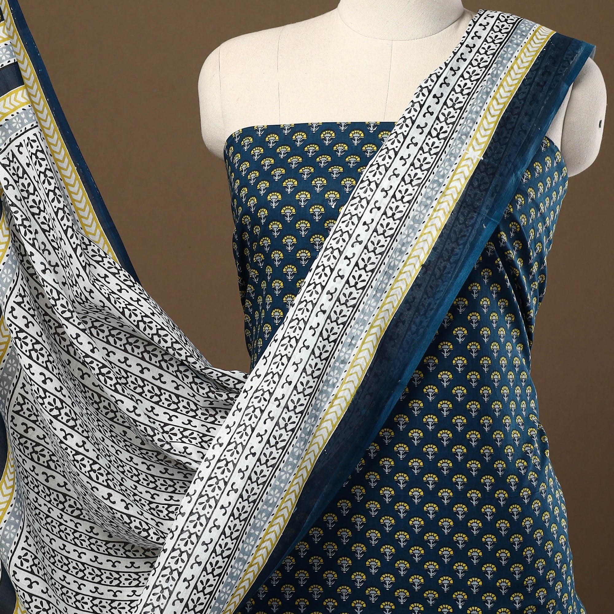 ARTISAN HAND BLOCK PRINTS Blue - 3pc Sanganeri Block Print Cotton Dress Material 02 - view 3