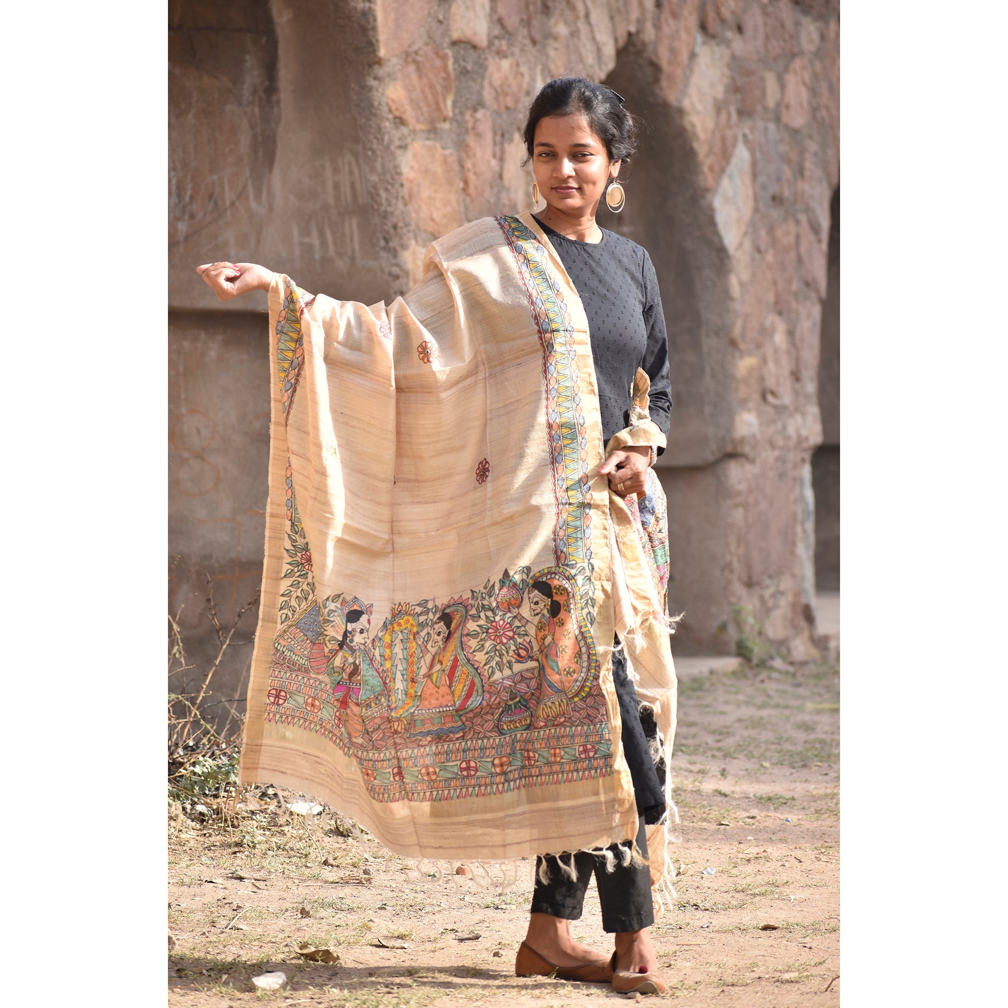 DIORAMA DESIGNS Beige - Madhubani Hand-Painted Natural Tussar Silk Dupatta - view 2
