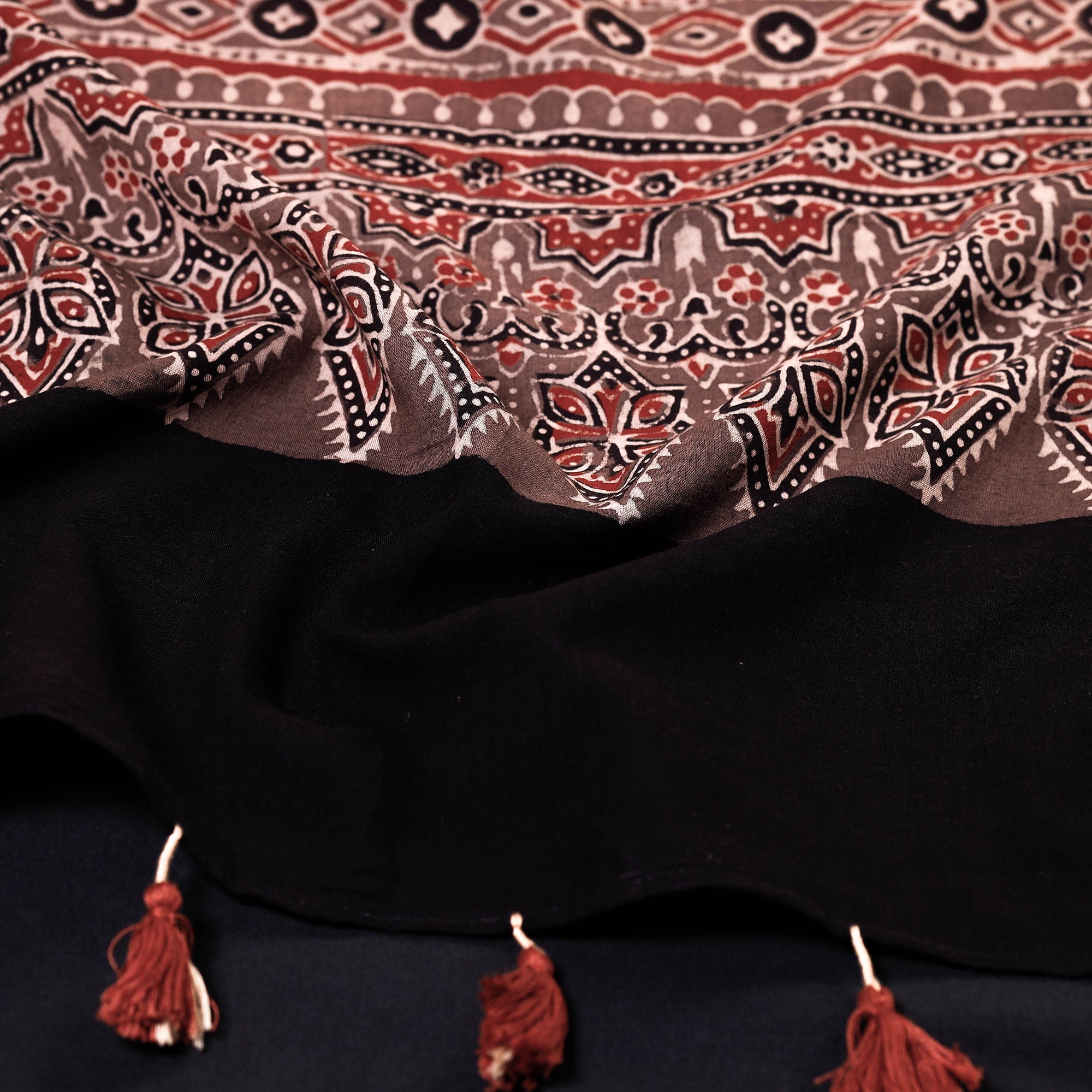 RIYAZ ABDULMAJID KHATRI - AJRAKH Black - Ajrakh Block Printed Mul Cotton Stole with Tassels - view 2