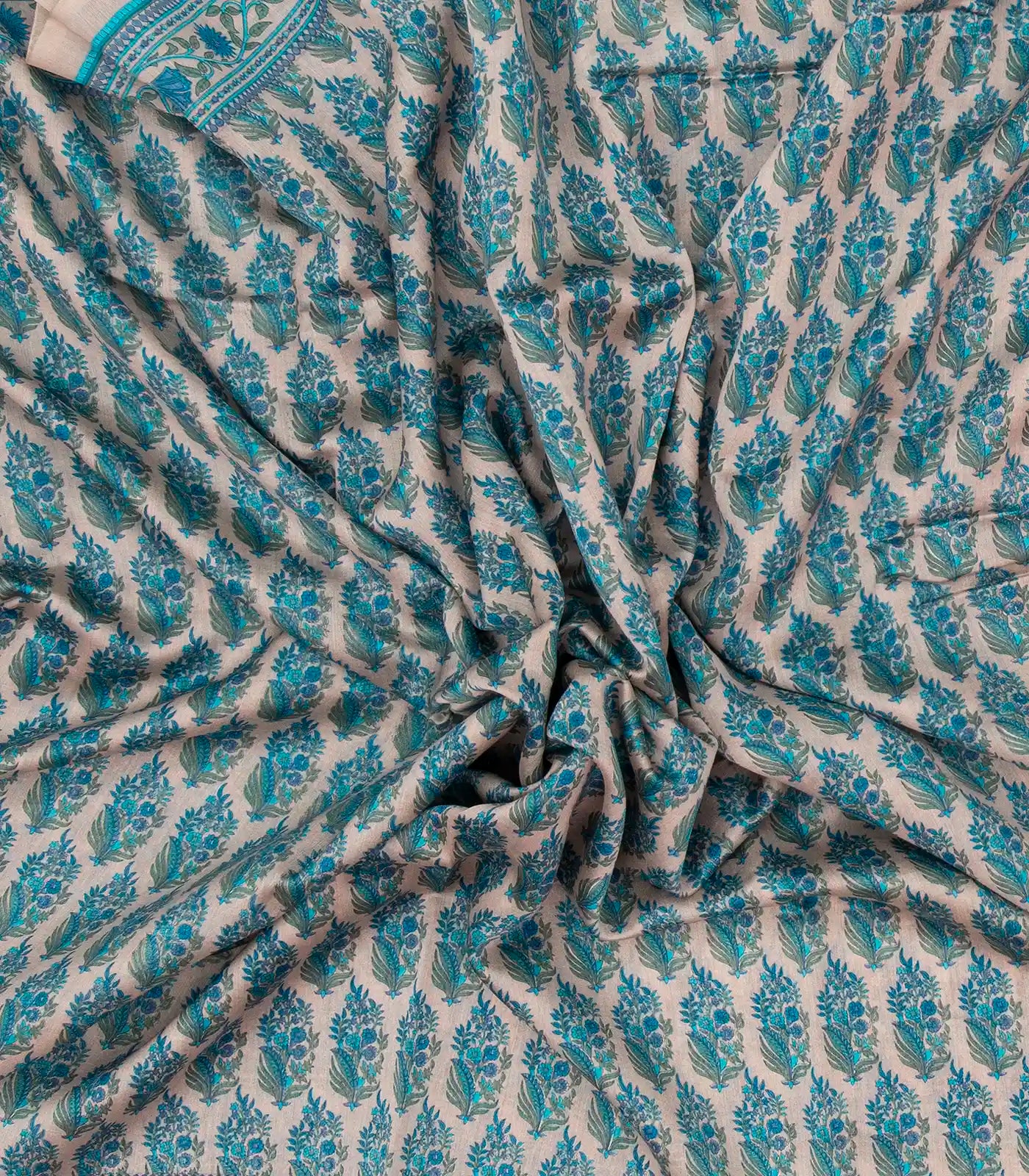 RmKV Taupe Handloom Chanderi Cotton Saree With Printed Blue Floral Motif - view 3