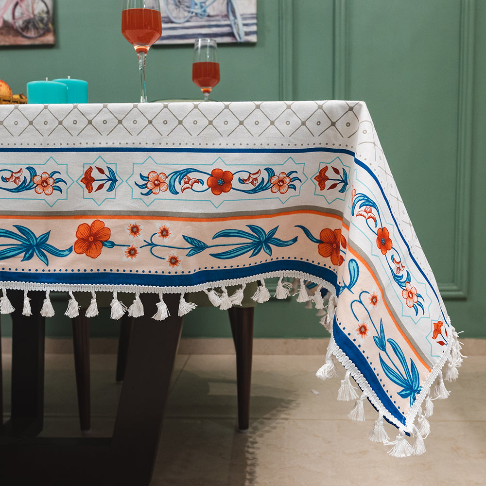 100 cotton dining – Urban Space Home Furnishing 100% Cotton Dining Table Cover, Printed Cotton Table Cloth with Boho Tassels - Hibiscus Bloom Border Peach