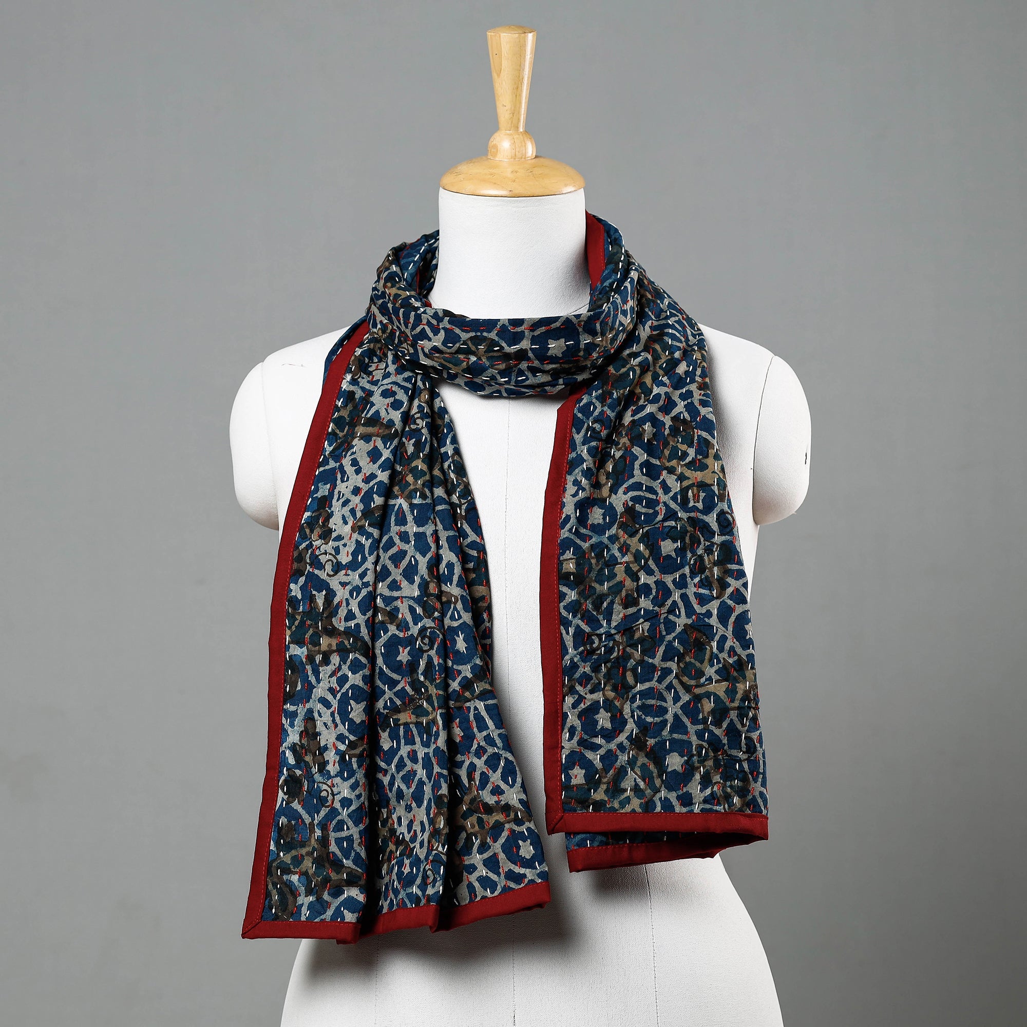 ARTISAN HAND BLOCK PRINTS Blue - Bagru Block Printed Tagai Work Cotton Stole