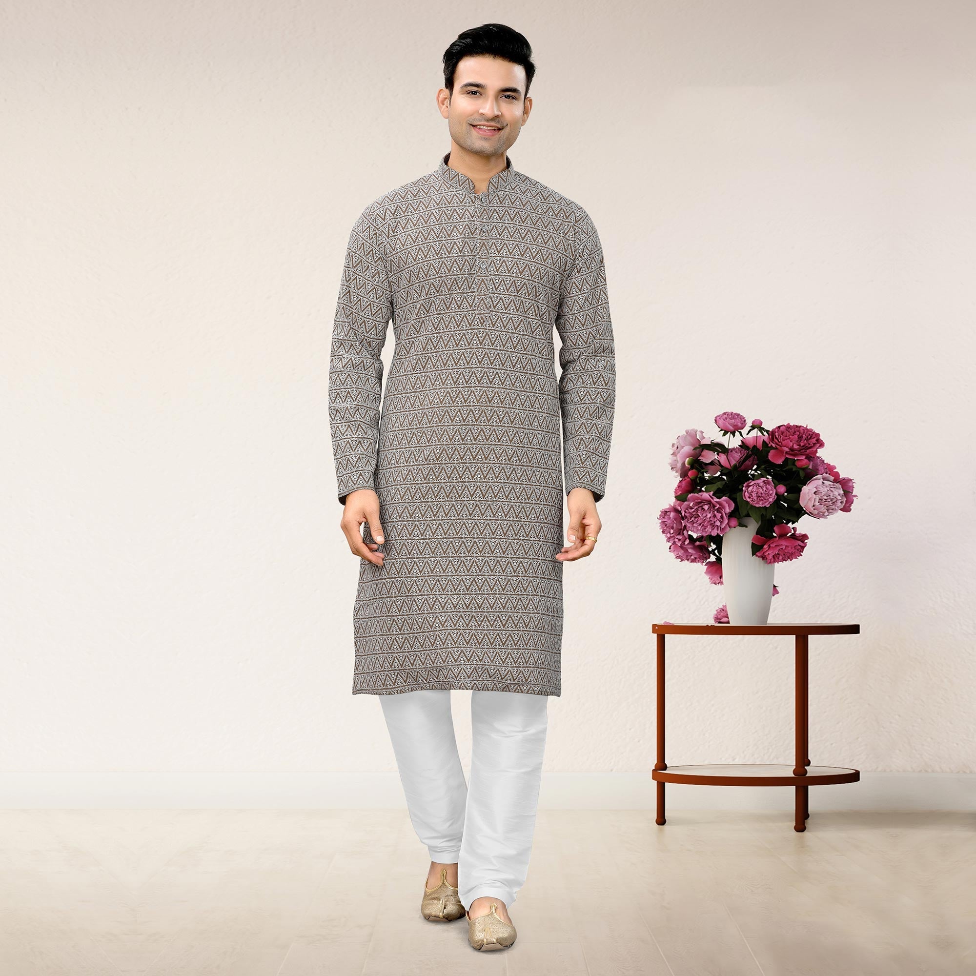 Peachmode Seller Brown Lucknowi Embroidered Georgette Kurta Pyjama Set - view 2