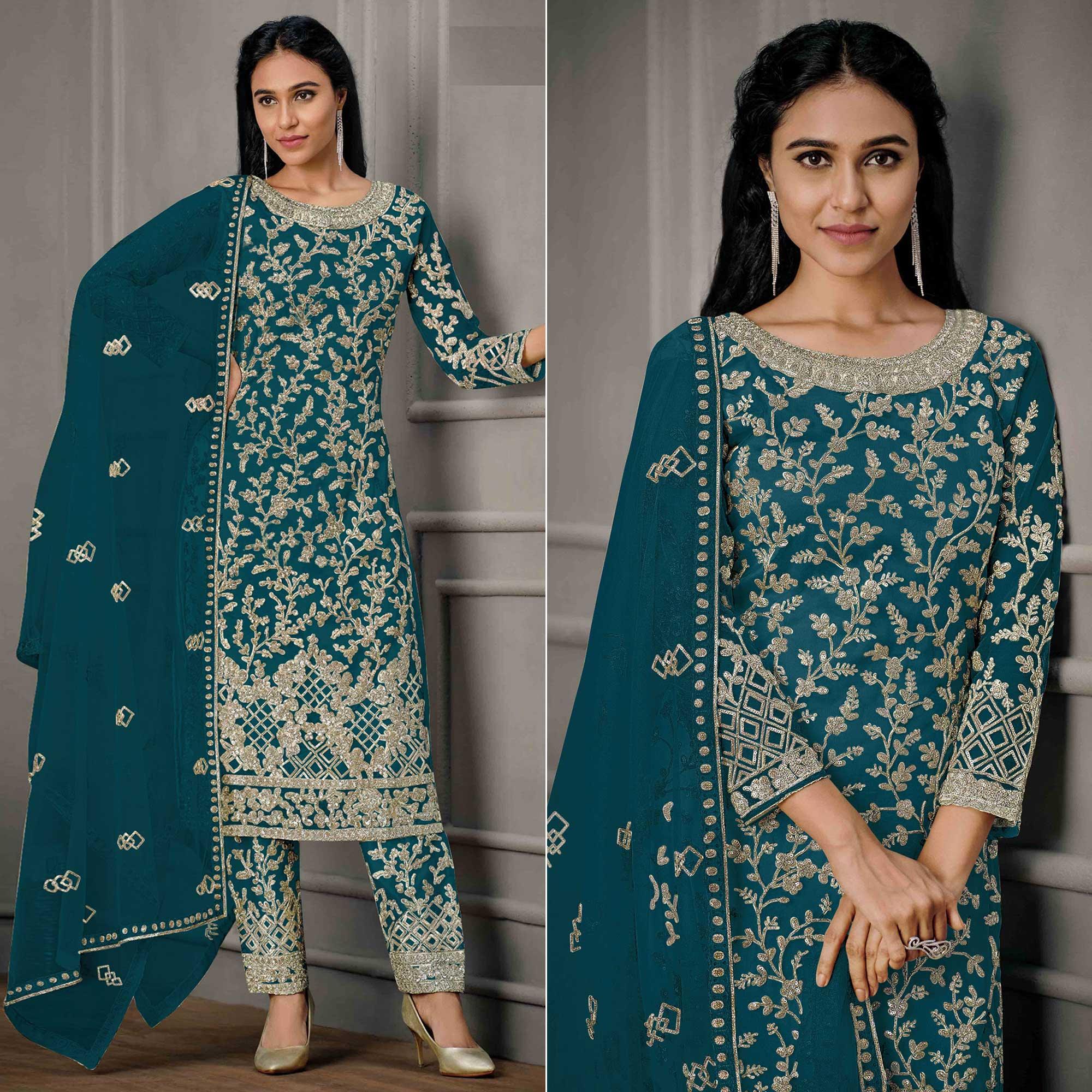 Peachmode Blue Sequins Floral Embroidered Net Salwar Suit