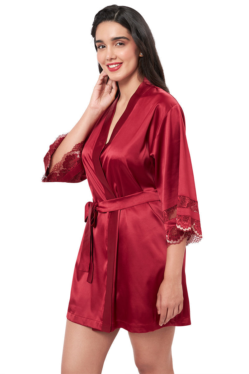 Amante Eternal Bliss Satin Lace Robe - Red Berry - view 3